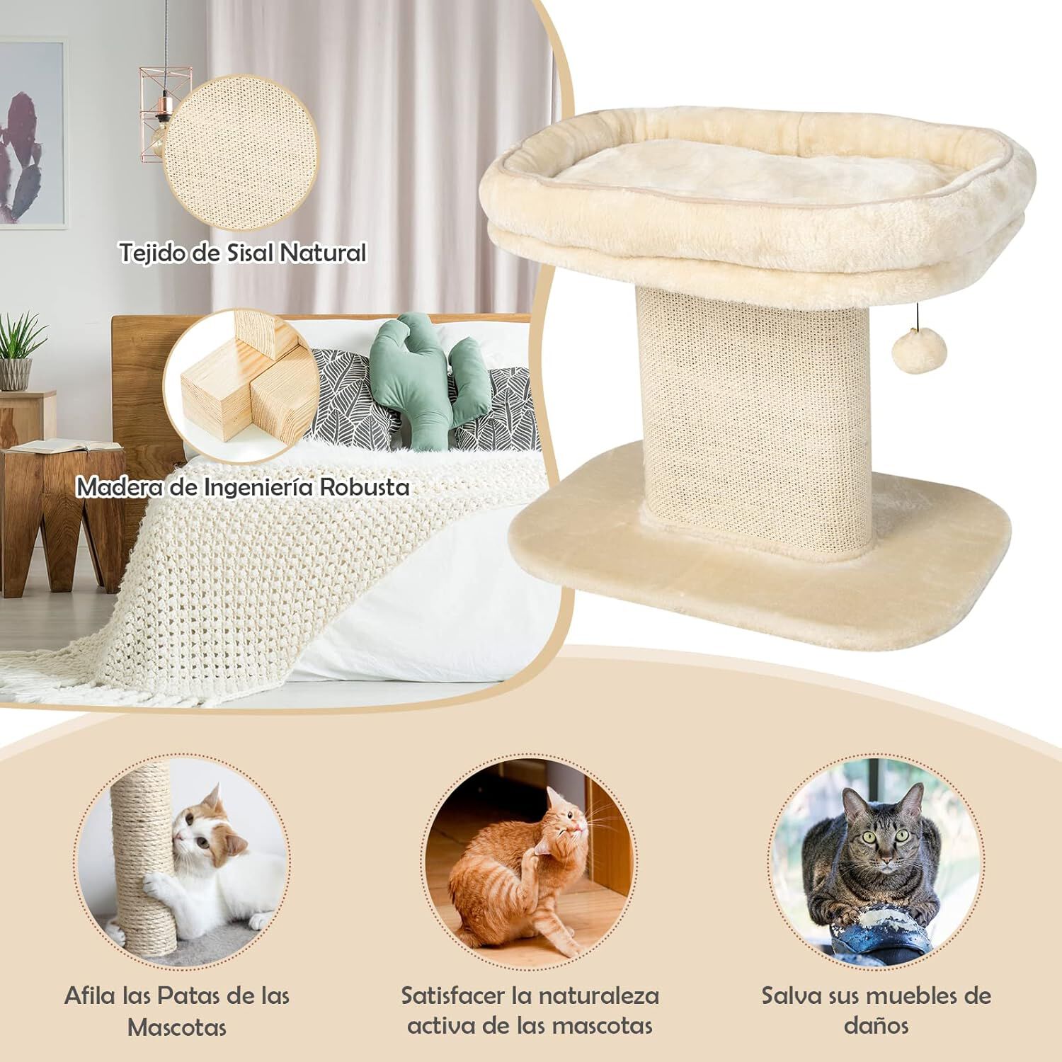 COSTWAY &Aacute;rbol Rascador para Gatos Peque&ntilde;o, Altura 50 cm, Torre de Actividades para Gatos con Soporte de Peluche y Poste Rascador de Sisal, Bola, Muebles para Gatos para Jugar y Descansar (Beige), , large Imagen numero 3