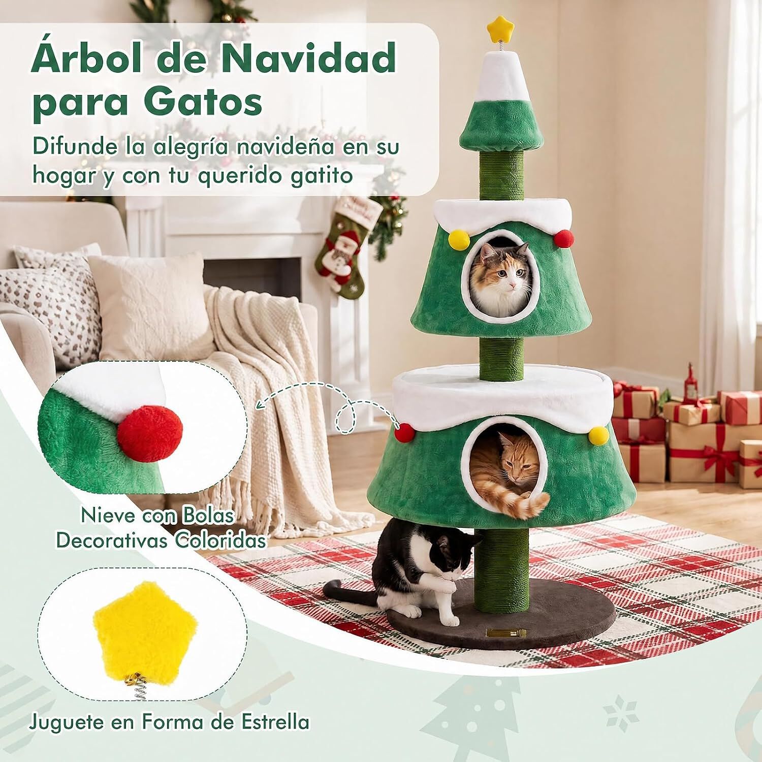 COSTWAY 156 cm &Aacute;rbol de Navidad para Gatos con 2 Casitas Grandes, Torre para Gatos con Rascadores de Yute, Juguete en Estrella con Resorte y Bolas Decorativas, Mueble de Juegos para Interior, , large Imagen numero 5