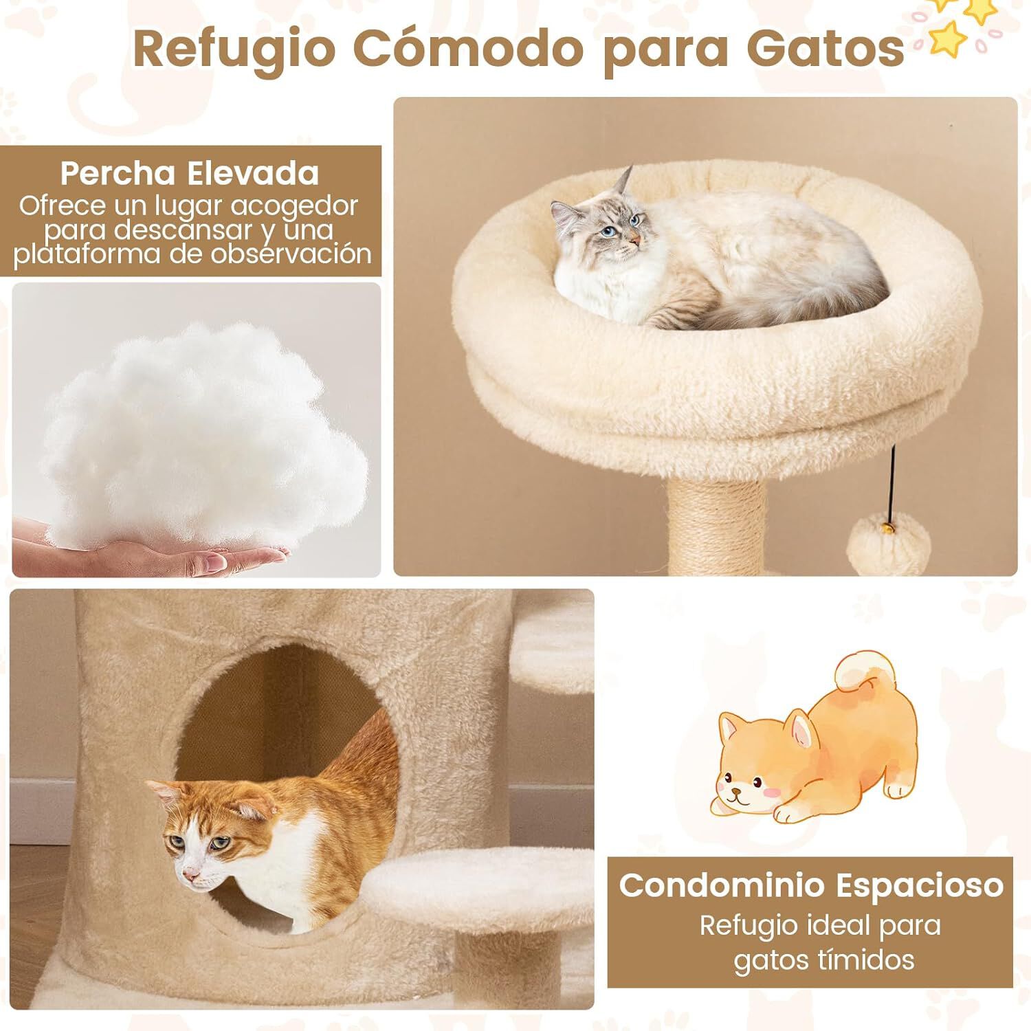COSTWAY Rascador para Gatos, Torre para Gatos de M&uacute;ltiples Niveles con Condominio, Poste Rascador, Bola Colgante, Plataformas para Saltar, Mueble de Entretenimiento para Mascotas 58,5x58,5x102 cm, , large Imagen numero 3