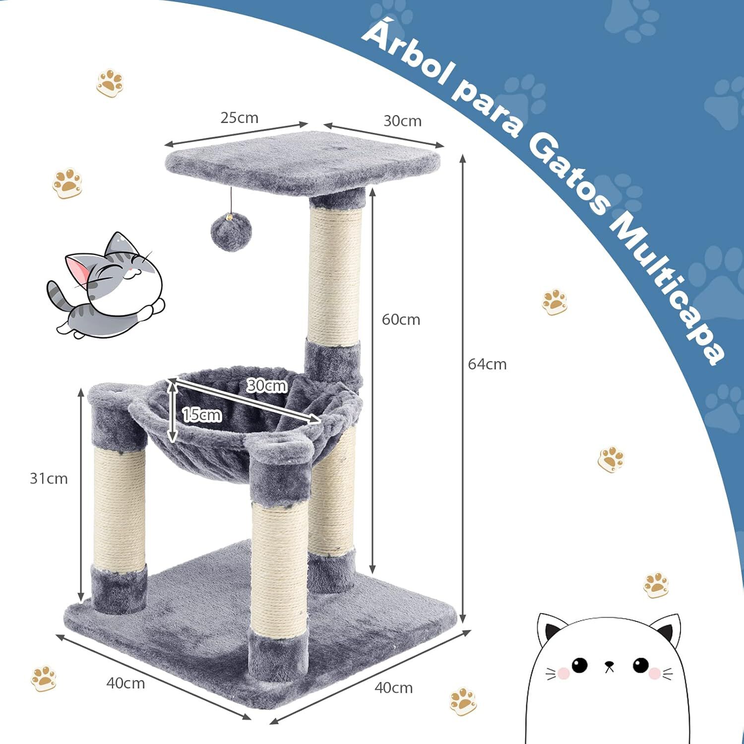 COSTWAY Árbol Rascador Gris con Hamaca y Postes de Sisal para Gatos thumbnail