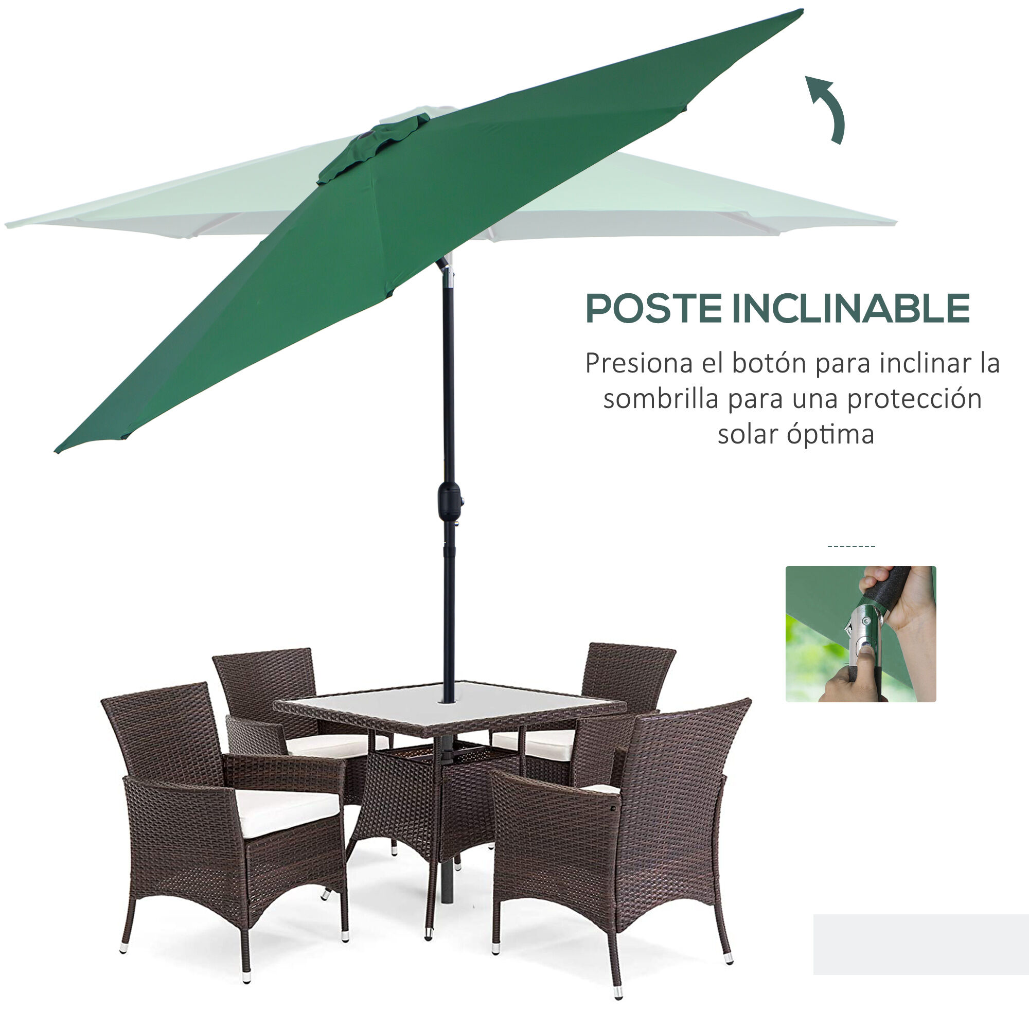 Outsunny Sombrilla de Jard&iacute;n &Oslash;295x250 cm con Manivela Parasol Exterior con Mecanismo de Inclinaci&oacute;n y Poste Desmontable de Metal para Terraza Piscina Patio Verde, , large Imagen numero 5