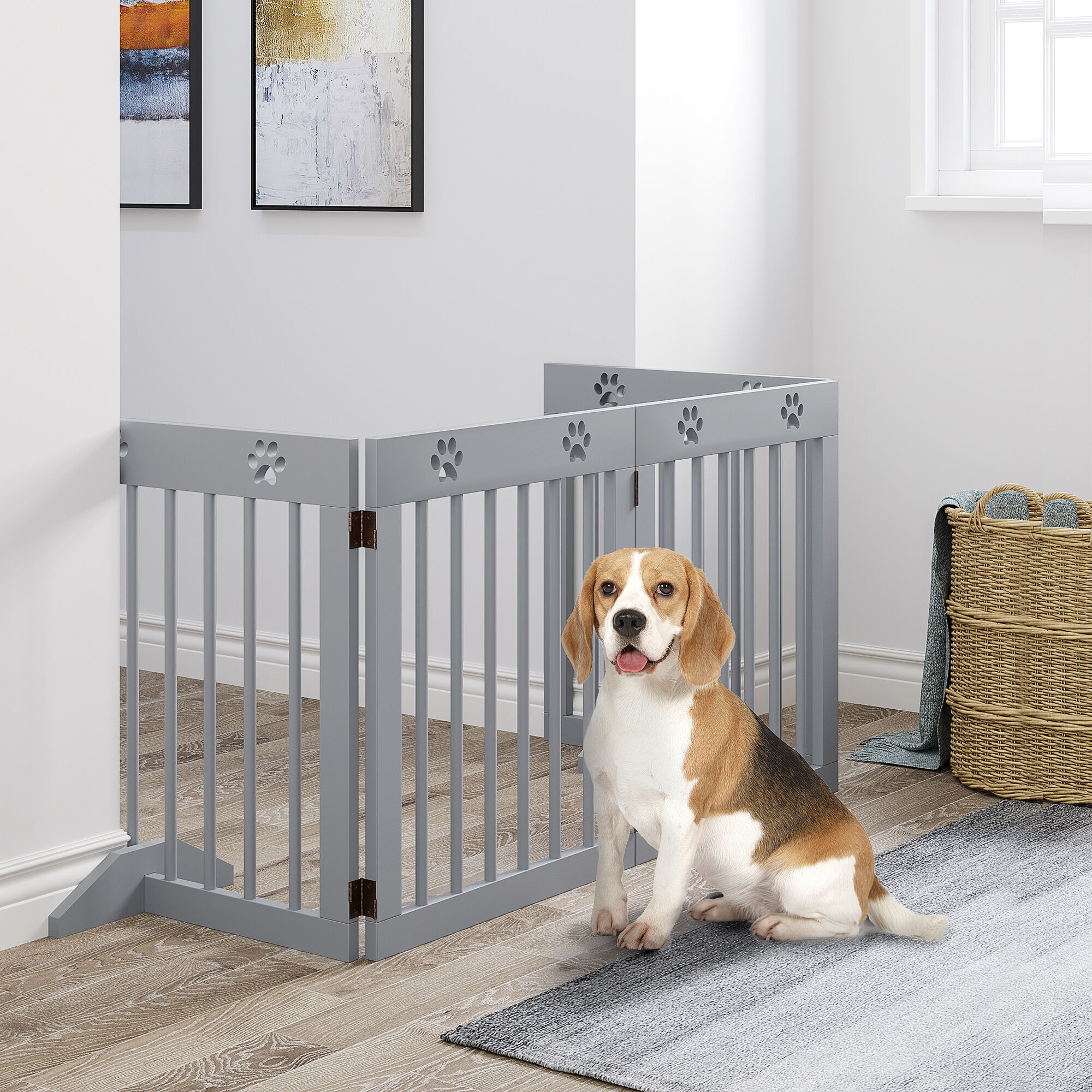 PawHut Barrera para Perros Plegable de 4 Paneles Barrera de Seguridad para Perros con Estructura de Madera y Patas de Apoyo para Pasillo Escalera 204x30x61 cm Gris Claro, , large Imagen numero 2