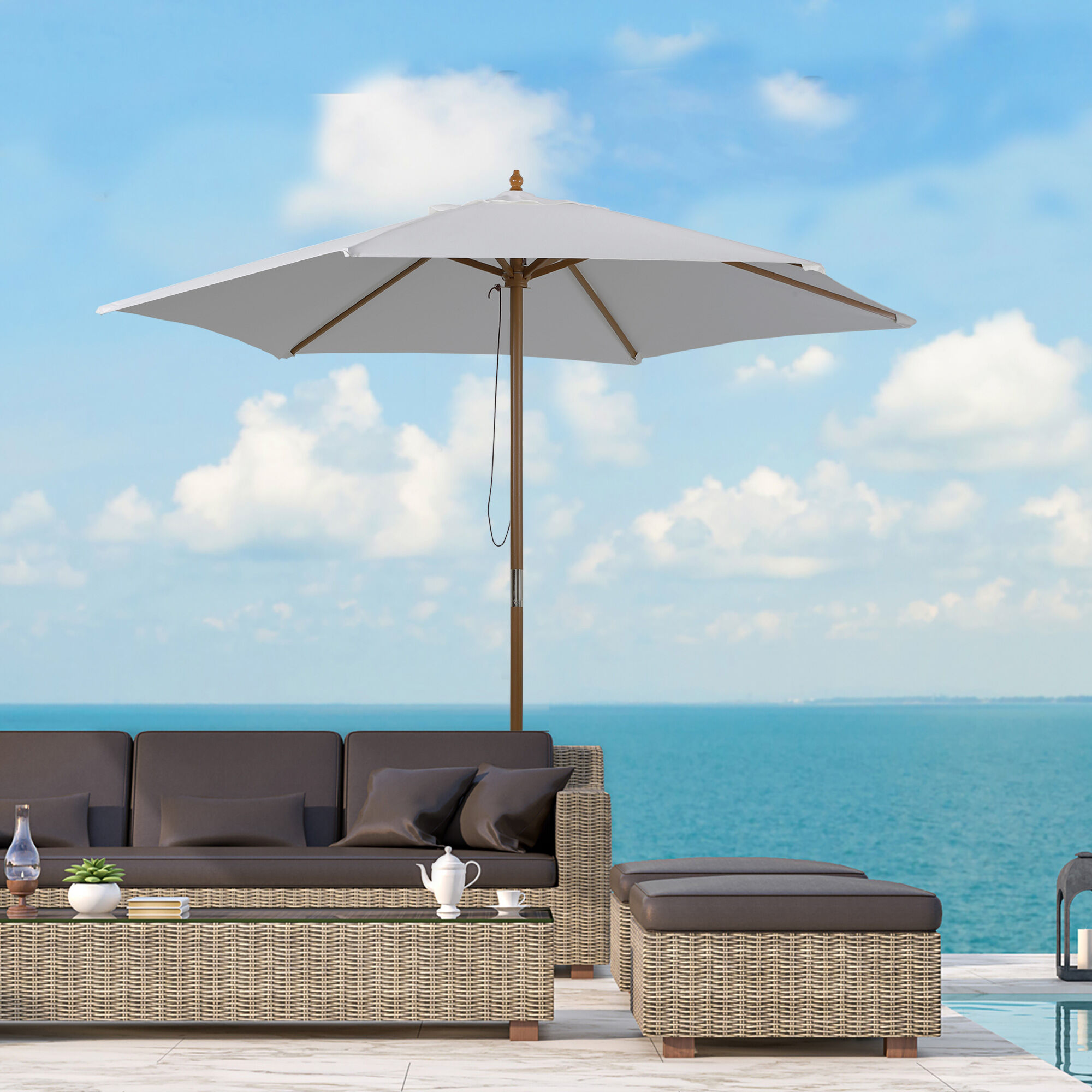 Outsunny Sombrilla Parasol de Madera &Oslash;250x230cm para Exterior con 6 Varillas Sistema de Cuerda con Fijaci&oacute;n Desmontable Port&aacute;til F&aacute;cil de Guardar y Transportar Blanco, , large Imagen numero 2