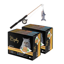 Pack Juguete caña de pescar Flamingo + 24 latas x 85 g Majesty Adult Mousse Mix para gatos