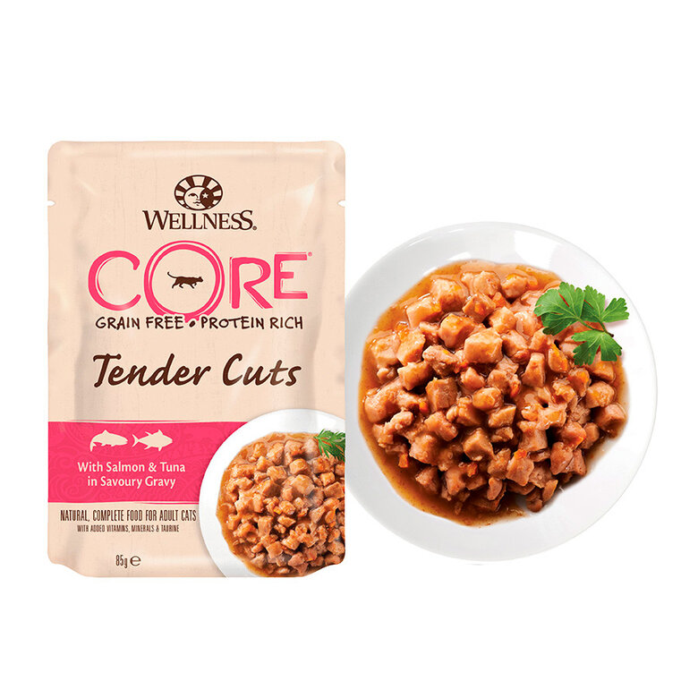 Wellness Core Tender Cuts salmón y atún sobre en salsa para gatos, , large image number null