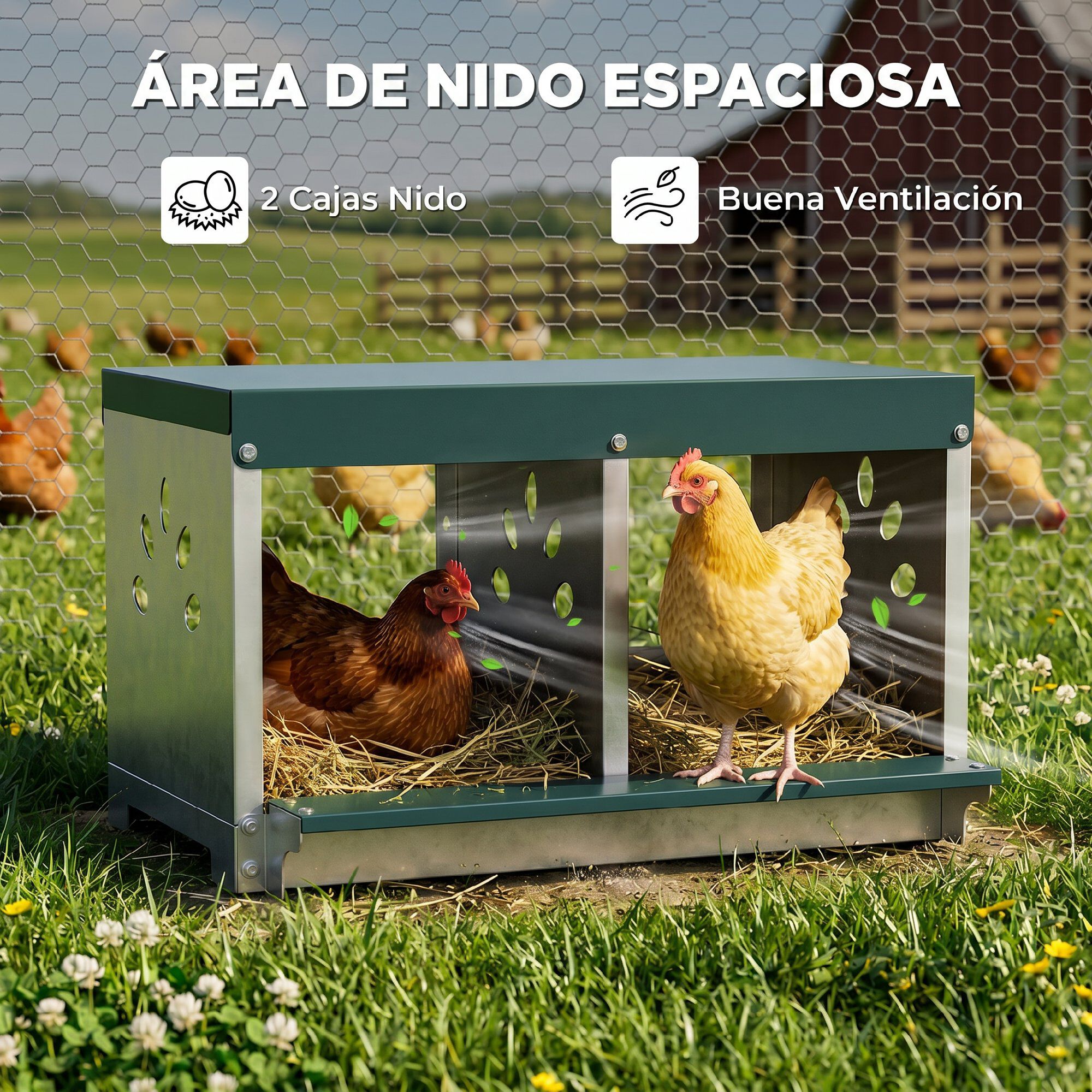 PawHut Ponedero para Gallinas de Acero Galvanizado con 2 Huecos, Caja Nido para 2 Gallinas con Techo Impermeable y Ventilaci&oacute;n, para Recoger los Huevos m&aacute;s Limpios, Plateado y Verde, , large Imagen numero 4