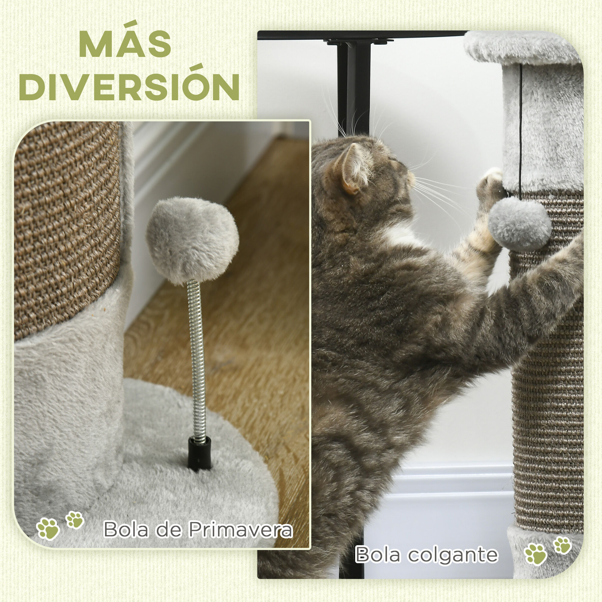 PawHut Poste Rascador para Gatos 58 cm Rascador para Gatos Ara&ntilde;ador para Gatos con Poste de Sisal y Bolas Colgantes 34x25,5x58 cm Gris, , large Imagen numero 4