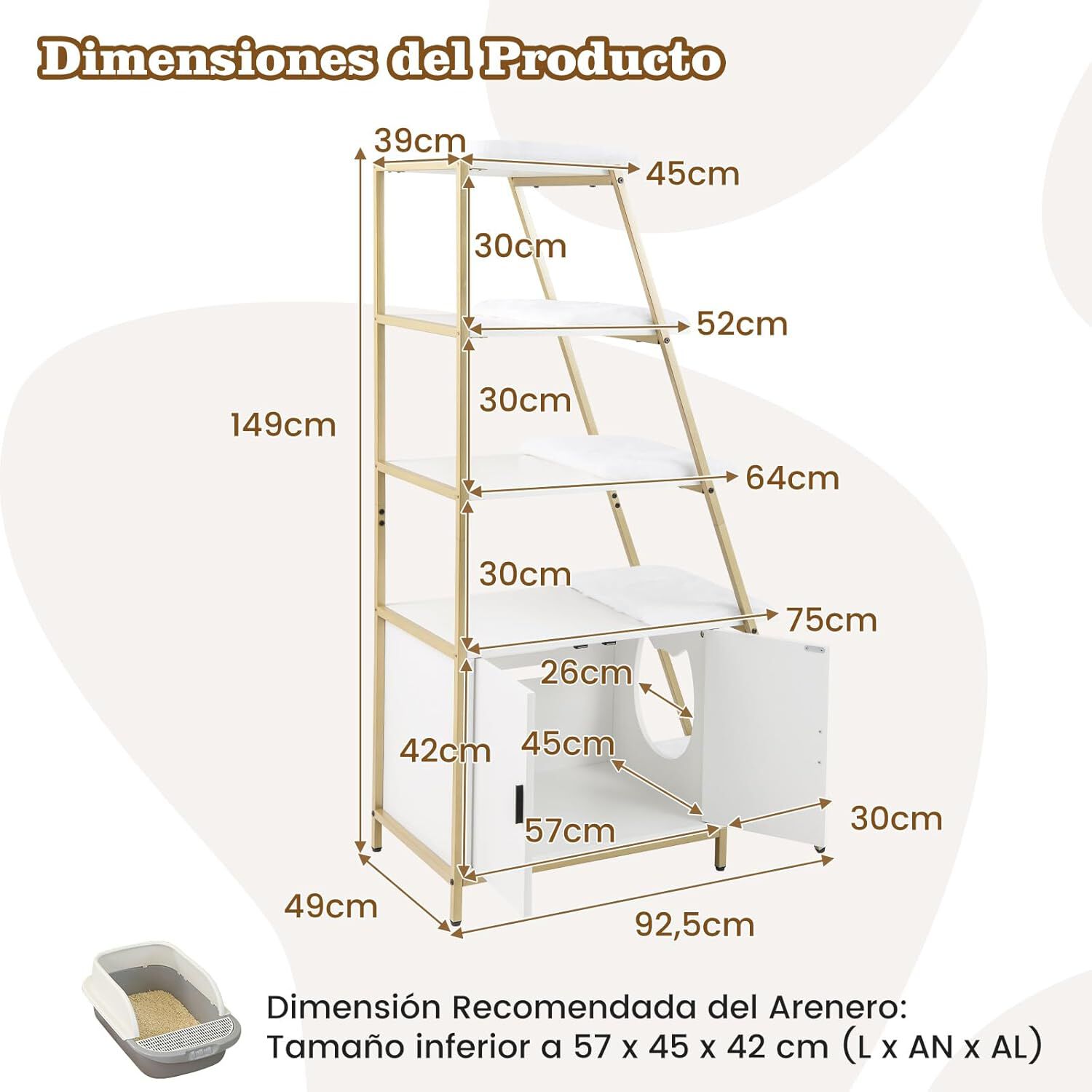 COSTWAY Caja de Arena para Gatos, Mueble de Ba&ntilde;o Oculto para Gatos con Escalera de 5 Niveles, 5 Alfombrillas Extra&iacute;bles y Entrada Lateral, Estante Esquinero Alto, 92,5 x 49 x 149 cm (Blanco), , large Imagen numero 5