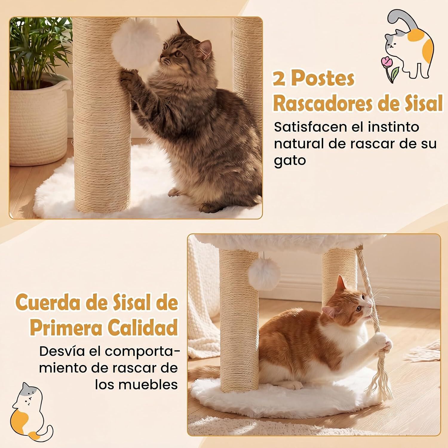 COSTWAY 40 x 40 x 50,5 cm &Aacute;rbol para Gatos Peque&ntilde;o (Blanco) | Torre para Gatos con Plataforma Superior de Felpa, Rascadores de Sisal, Bola Colgante, Torre gato Interior para Mascotas, , large Imagen numero 4