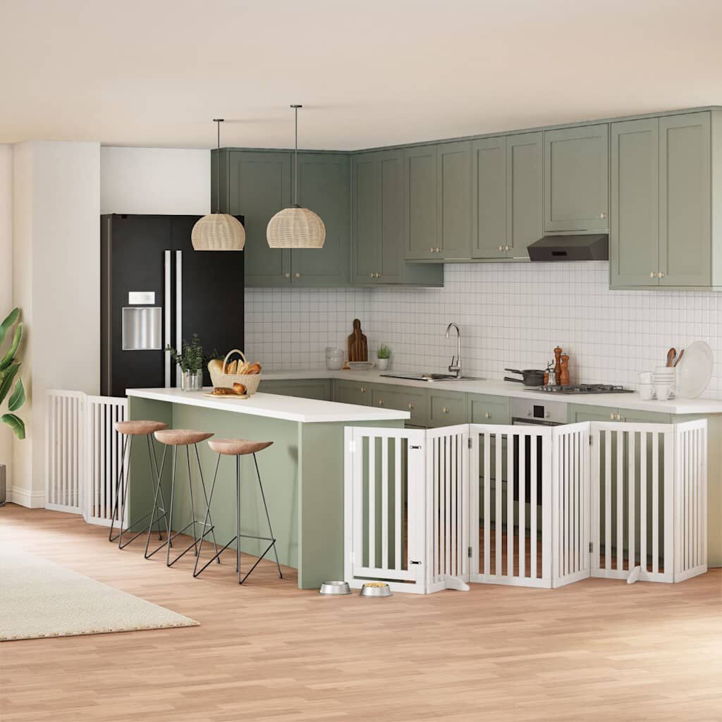 vidaXL Puerta para perros plegable 9 paneles madera &aacute;lamo blanca 450cm, , large Imagen numero 2