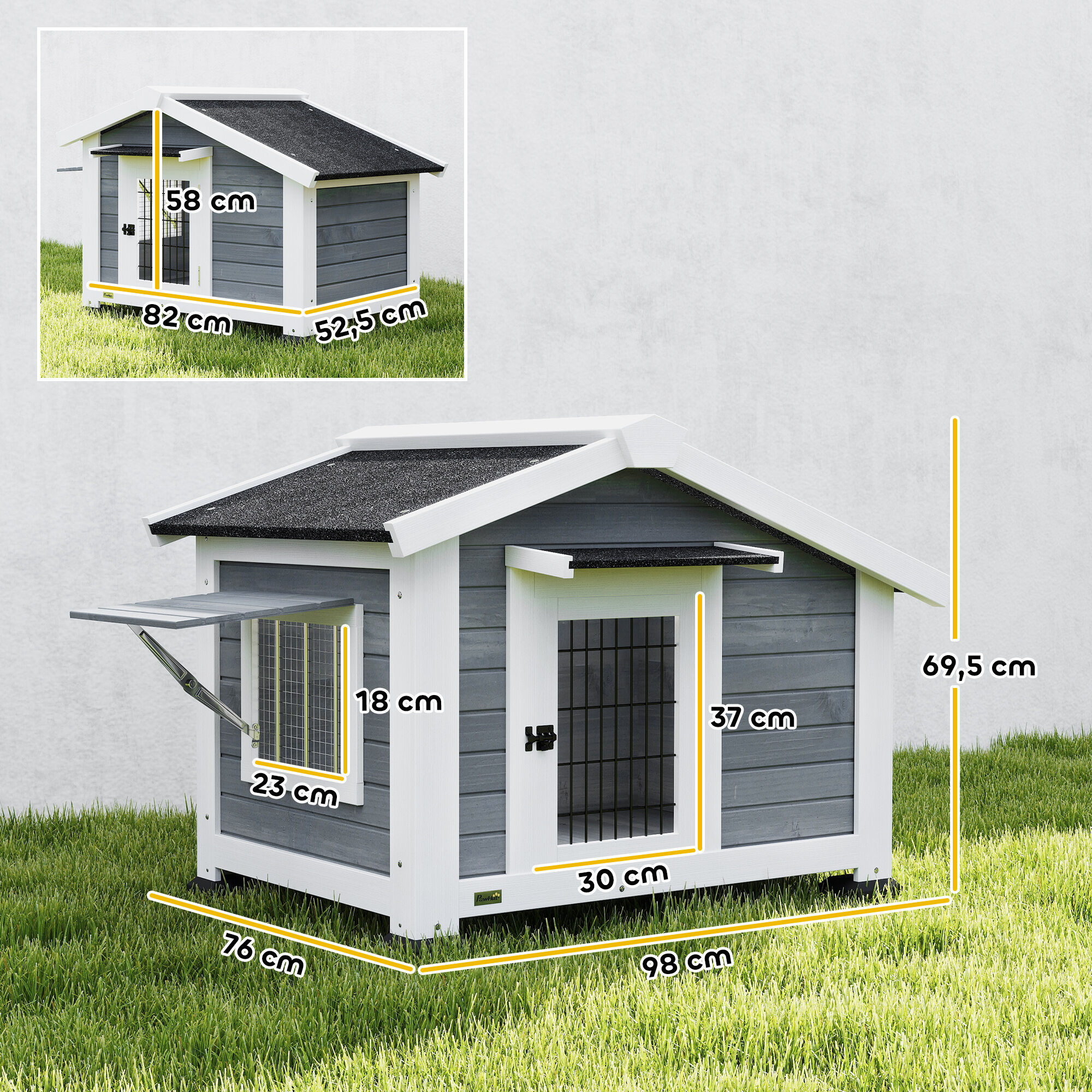 PawHut Caseta para Perros Exterior de Madera, Casa para Perros Medianos con Techo Asf&aacute;tico, Suelo Extra&iacute;ble, Ventana Abatible y Puerta Ventilada, Base Elevada, 98x76x69,5 cm, Gris, , large Imagen numero 3