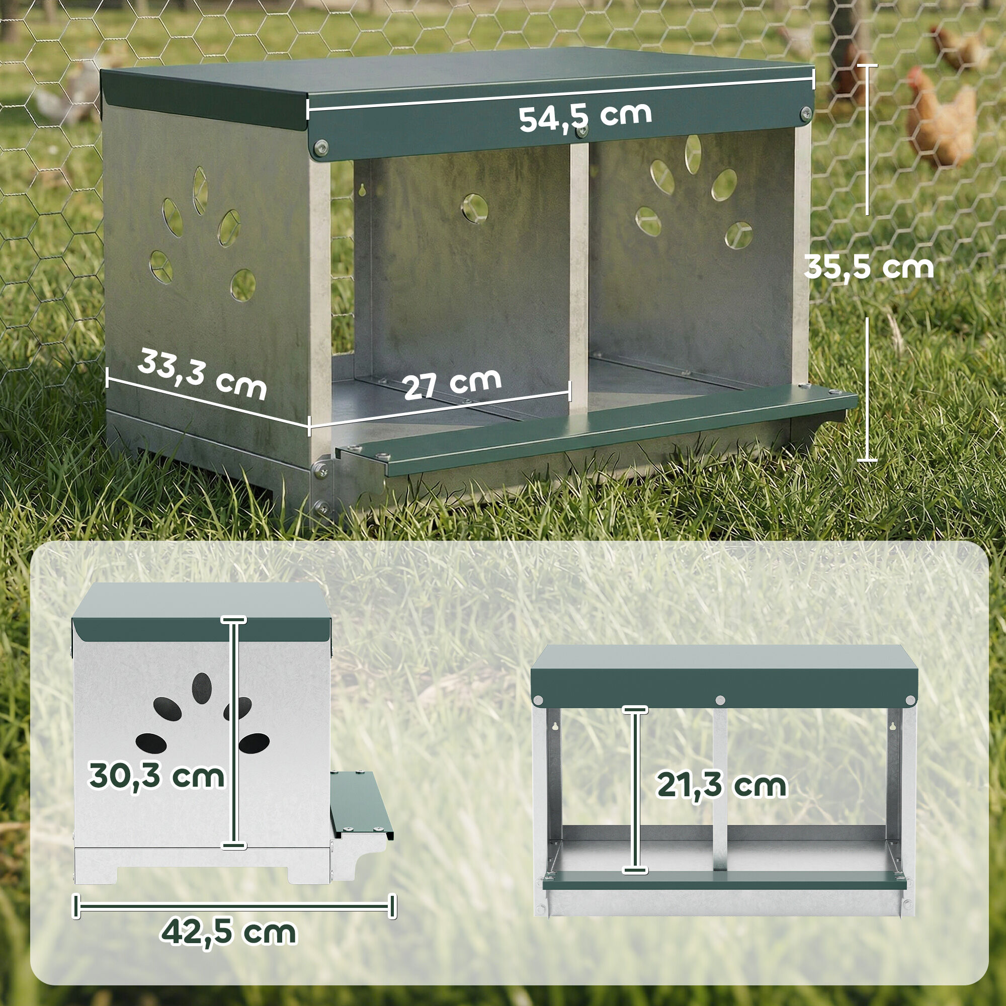 PawHut Ponedero para Gallinas de Acero Galvanizado con 2 Huecos, Caja Nido para 2 Gallinas con Techo Impermeable y Ventilaci&oacute;n, para Recoger los Huevos m&aacute;s Limpios, Plateado y Verde, , large Imagen numero 3