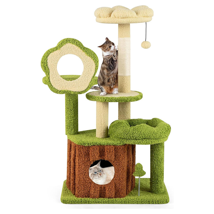 COSTWAY Árbol para Gatos de Bosque, Torre Multinivel con Condo Tronco, Plataforma Floral Acolchada, Rascador de Sisal y Juguetes, Centro de Actividades para Gatitos y Adultos, Verde + Marrón thumbnail