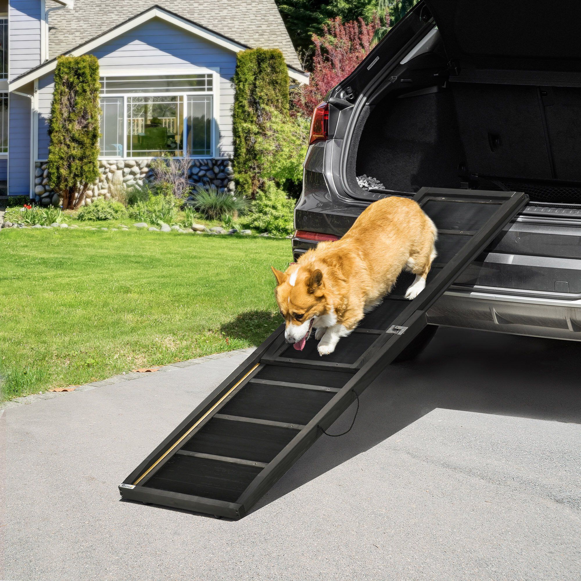 PawHut Rampa para Perros de Madera 165x43x6,5 cm Rampa Plegable para Mascotas con Alfombra Antideslizante Escalera Port&aacute;til para Coche Carga 40 kg Negro., , large Imagen numero 2