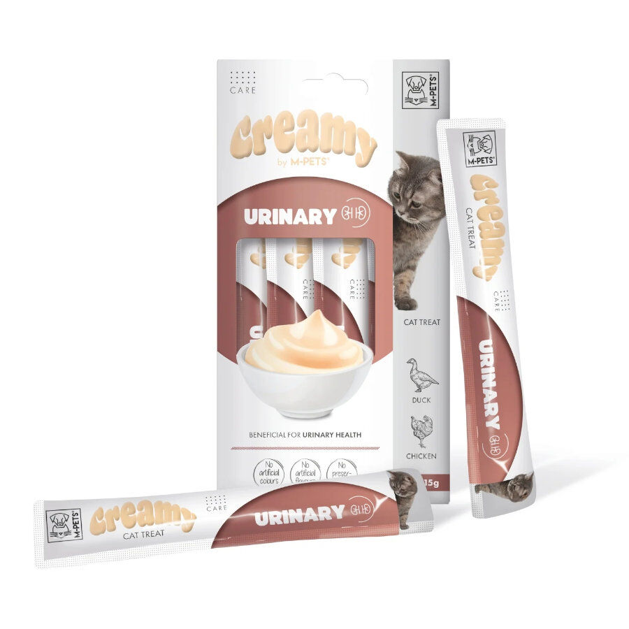 4 sobres x 15 g M-Pets Creamy Urinario Pato y Pollo snack para gatos, , large Imagen numero 1