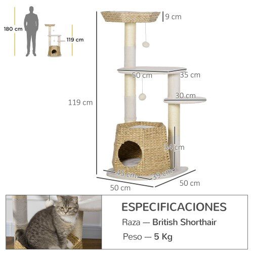 PawHut &aacute;rbol rascador de sisal madera natural para gatos, , large Imagen numero 3