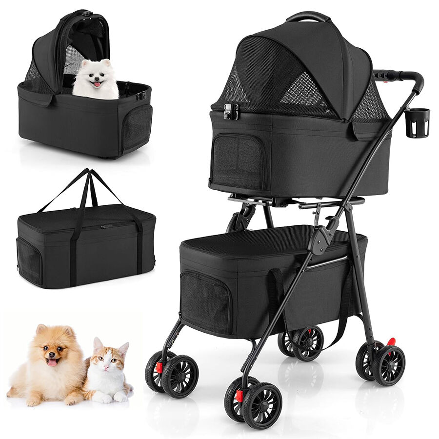 COSTWAY Carrito para Perros Plegable Doble 3 en 1, Cochecito para Perros con 2 Portadores Desmontables, Ruedas con Freno, Malla Transpirable, Portavasos, Carro para Mascotas hasta 15 kg, Negro, , large Imagen numero 1