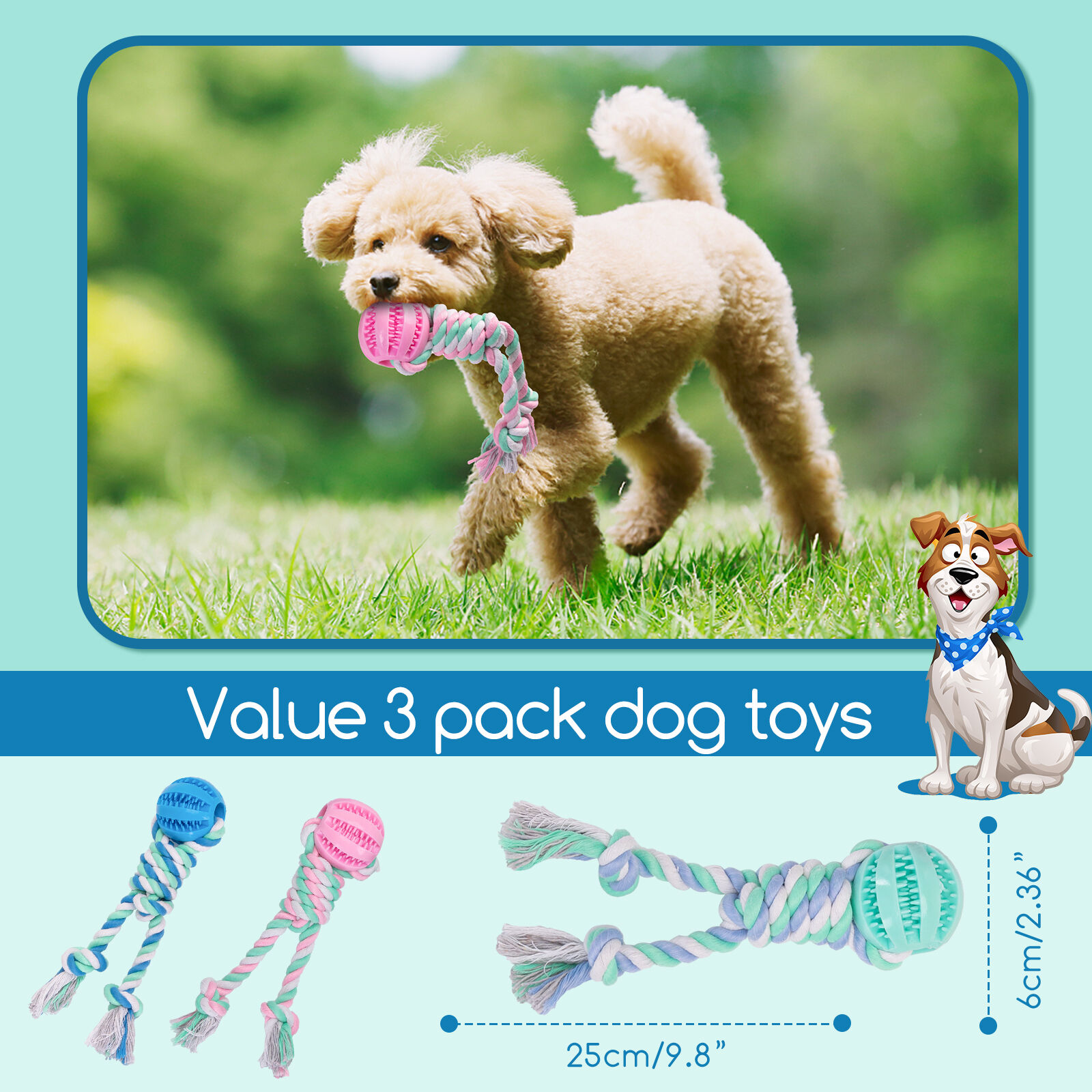Nobleza - Cuerda de juguete para perros 100% algod&oacute;n, beneficiosa para la salud mental del perro, la salud dental y la limpieza de los dientes, el mejor regalo para todo tipo de perros, Rosa, Azul y Morado - 25cm, , large Imagen numero 2