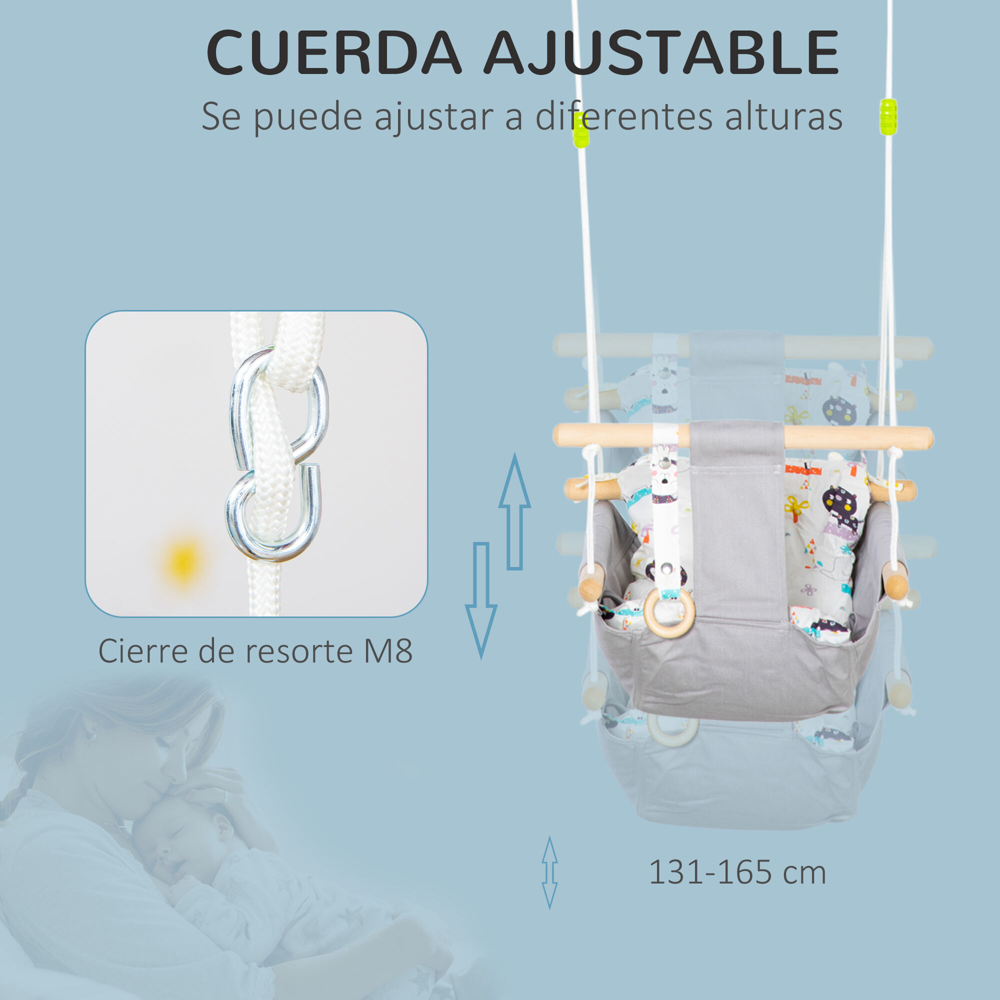 Outsunny Columpio para Beb&eacute; Columpio de Madera Infantil con Altura Ajustable Coj&iacute;n Acolchado y Cintur&oacute;n de Seguridad para Interior Exterior Carga M&aacute;x. 80 kg 70x45x160 cm Gris, , large Imagen numero 4