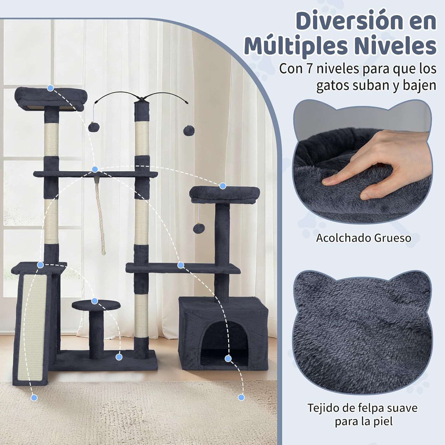COSTWAY &Aacute;rbol Rascador para Gatos de 136 cm, Castillo para Gato con Postes de Sisal, Rampa, 2 Posaderos Acolchados, Condo Grande, Bolas Colgantes, Torre Rascador para Hogar Varios Gatos (Gris Oscuro), , large Imagen numero 3