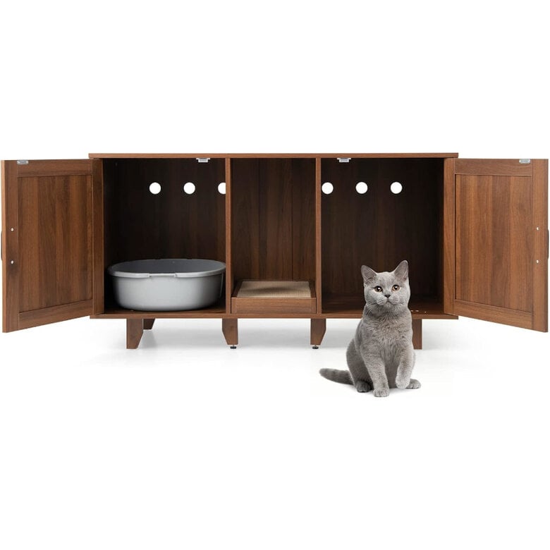 COSTWAY Cajas de Arena para Dos Gatos, Casa de Baño Oculto para Mascota con 2 Puertas, Arenero Cubierto con Entrada Sinuosa y Tablero Rascador, Mesa Auxiliar para Gatos 120 x 52 x 65 cm (Marrón)