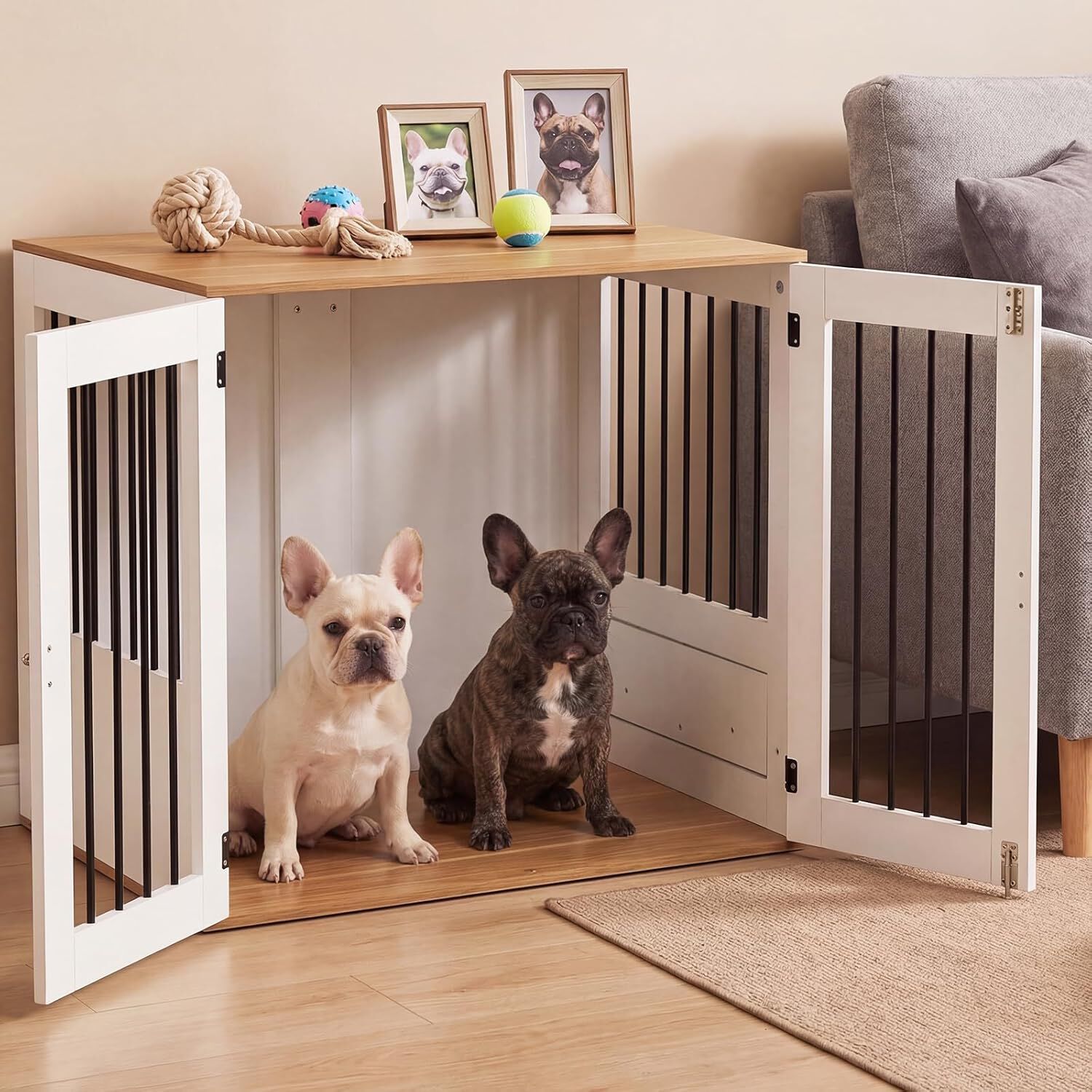 COSTWAY Jaula para Perros, Mueble de Jaula para Perros con Comedero Giratorio 360&deg;, Puertas de Doble Cerradura, Cuencos, Mesa Auxiliar Caseta para Mascotas Peque&ntilde;as y Medianas, 80 x 55,5 x 71,5 cm, , large Imagen numero 2