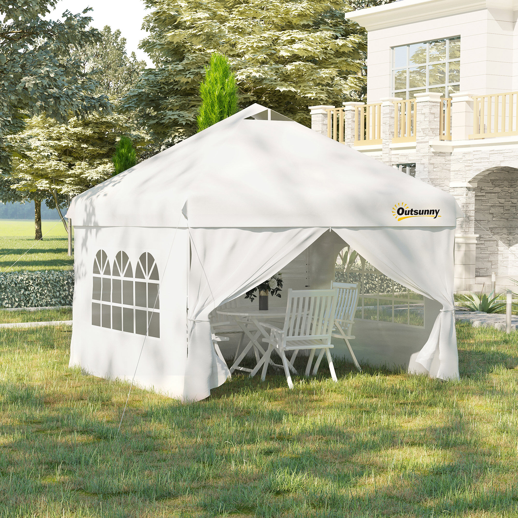 Outsunny Carpa Plegable 3x3 m con Altura Ajustable de 3 Niveles Cenador de Jard&iacute;n con 4 Paredes Extra&iacute;bles 2 Ventanas 4 Sacos de Arena y Bolsa de Transporte para Camping Blanco, , large Imagen numero 2