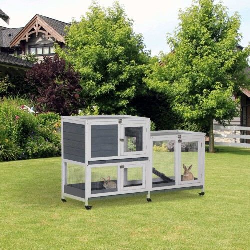 PawHut conejera de exterior con ruedas de madera gris para mascotas thumbnail