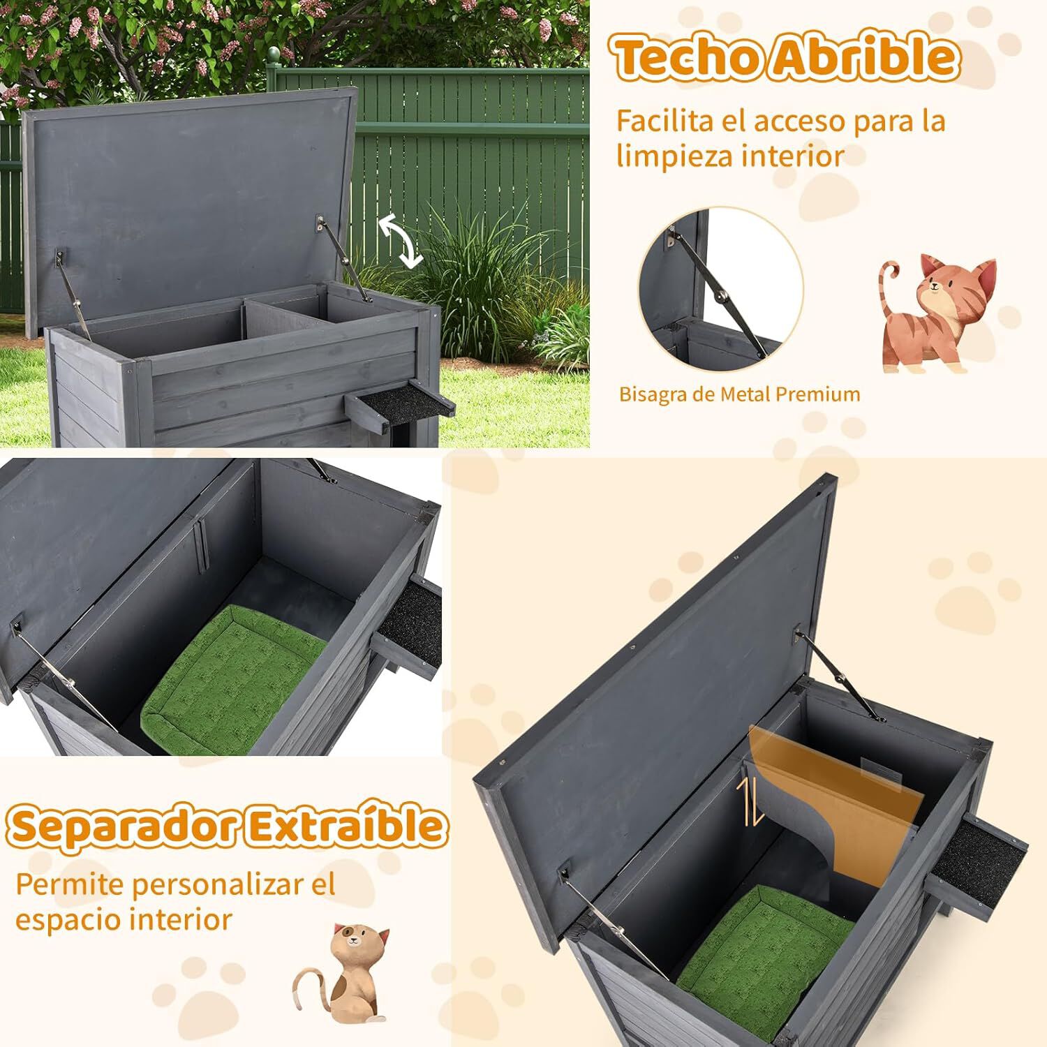 COSTWAY Casa para Gatos Aislada Exterior, Casa para Gatos de Madera con 2 Habitaciones, Divisor Removible, Techo Abatible, Puerta PVC, Recinto Elevado, Ideal para Invierno y Gatos Salvajes (Gris) thumbnail