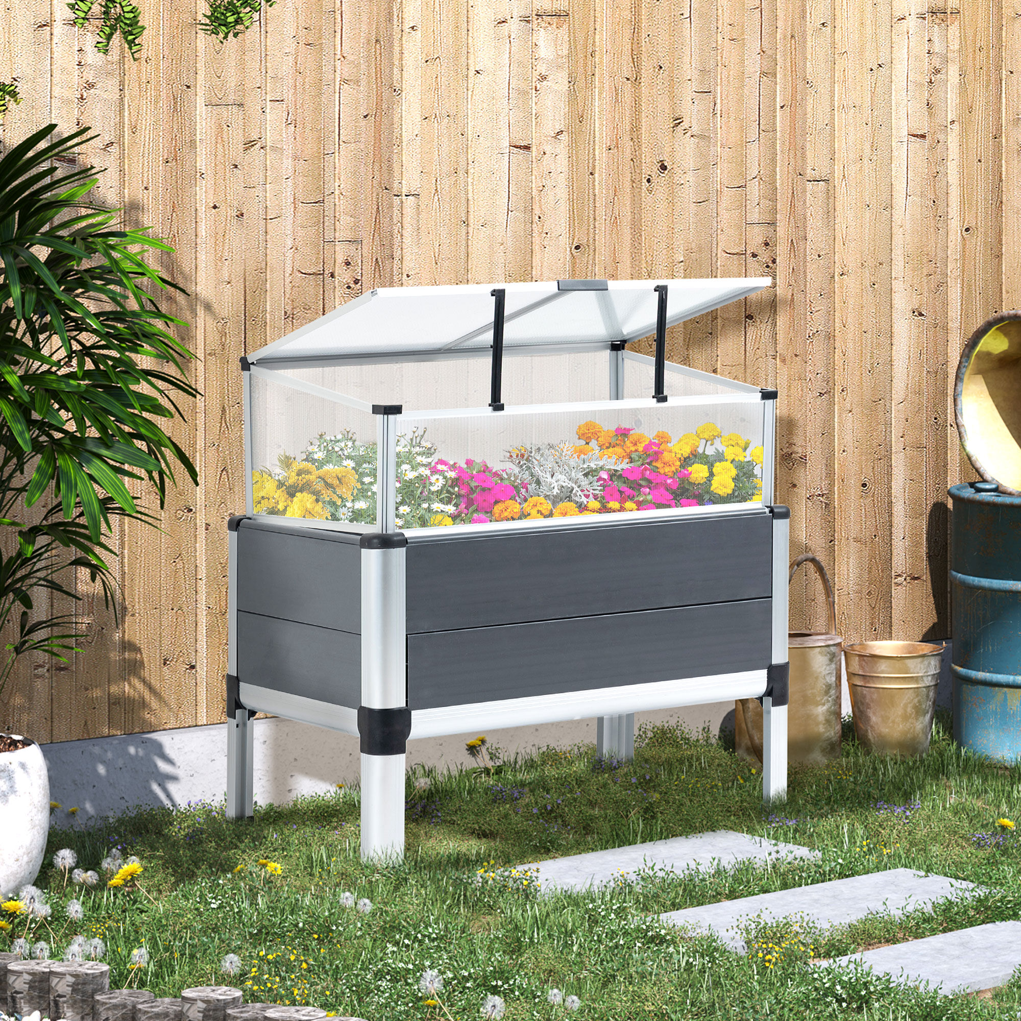 Outsunny Huerto Urbano Elevado de Aluminio 78,5x47x74,5 cm Macetero con Cubierta de Policarbonato y Techos Abatibles para Cultivos Planta Flores Gris, , large Imagen numero 2