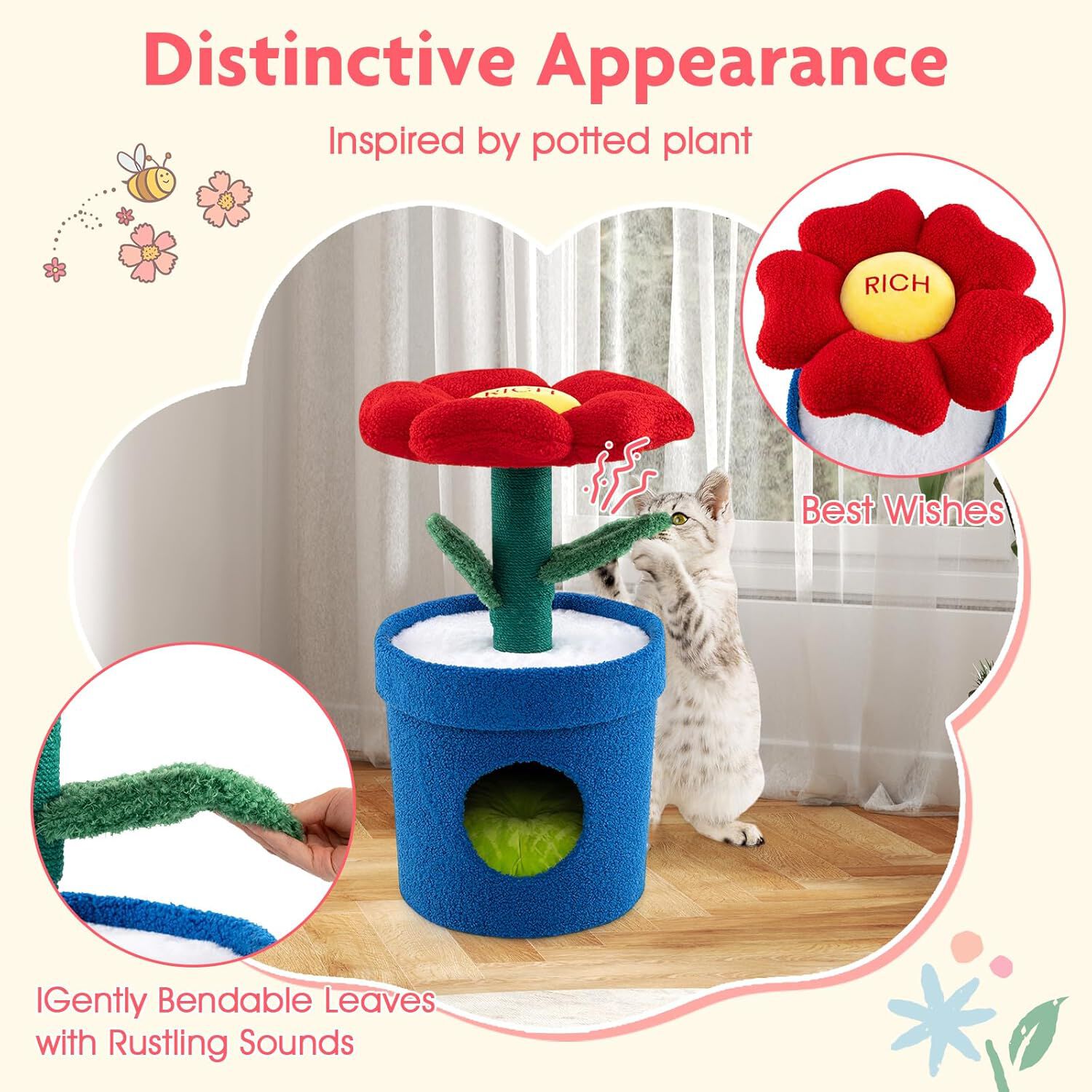 COSTWAY Cama para Gatos con Forma de Flor, Condominio de Mascotas de Interior con Rascador de Sisal, Posadero Acolchado Lavable, Diseño de Maceta, Ideal para Gatitos (Rojo) thumbnail