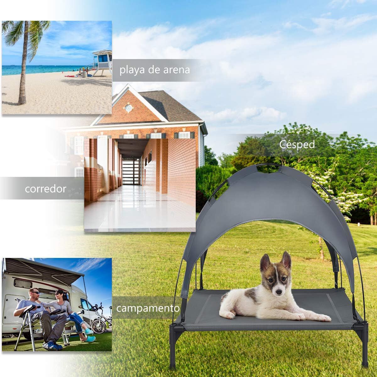 COSTWAY Cama para Perros con Toldo Extra&iacute;ble Tumbona de Jard&iacute;n para Perros Cama para Gatos Mascotas para C&eacute;sped Interno Externo (XL), , large Imagen numero 8