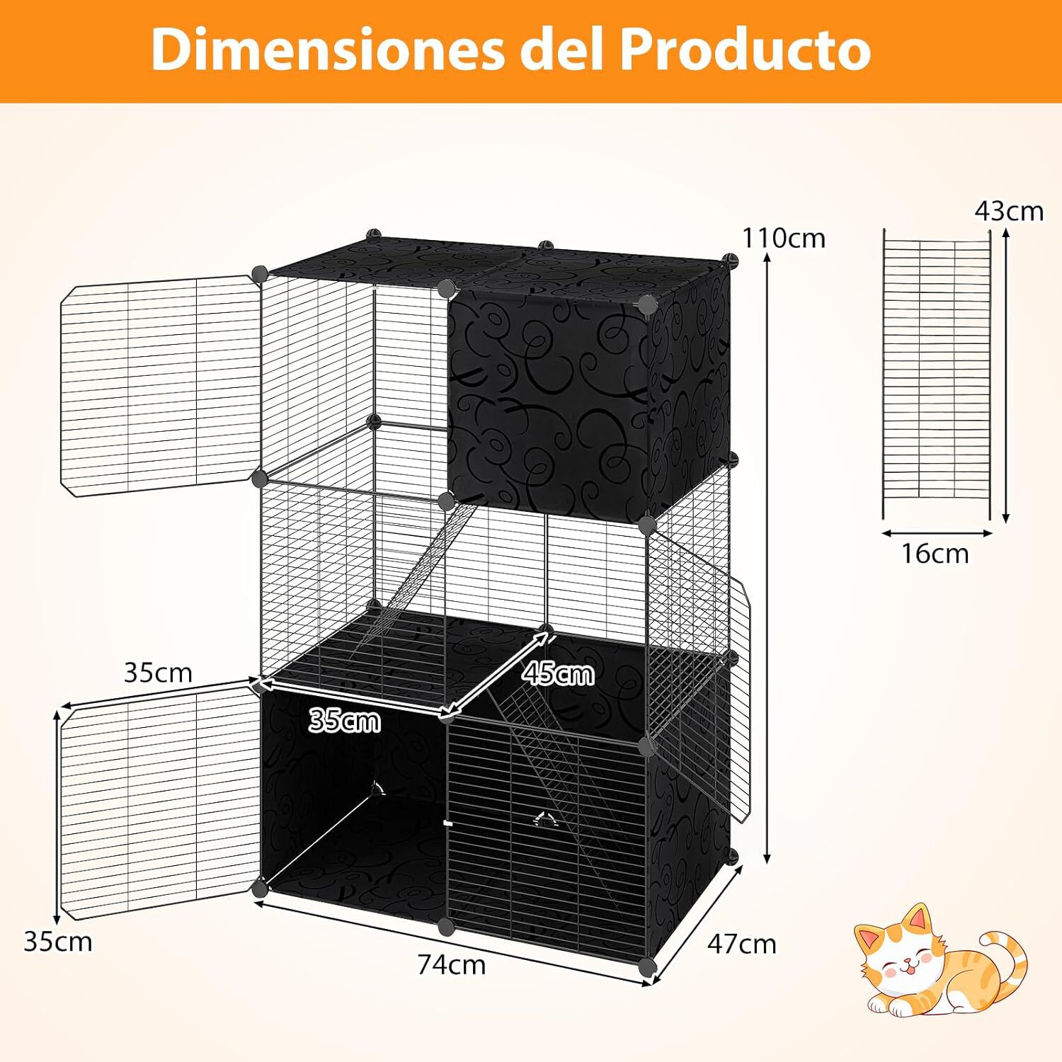 COSTWAY Jaula Grande para Gatos, Recinto para Gatitos de 3 Niveles de Alambre Met&aacute;lico para Interiores, Parque de Metal para Gatos, Corral para Mascotas para Peque&ntilde;os Animales, 74 x 47 x 110 cm, , large Imagen numero 5