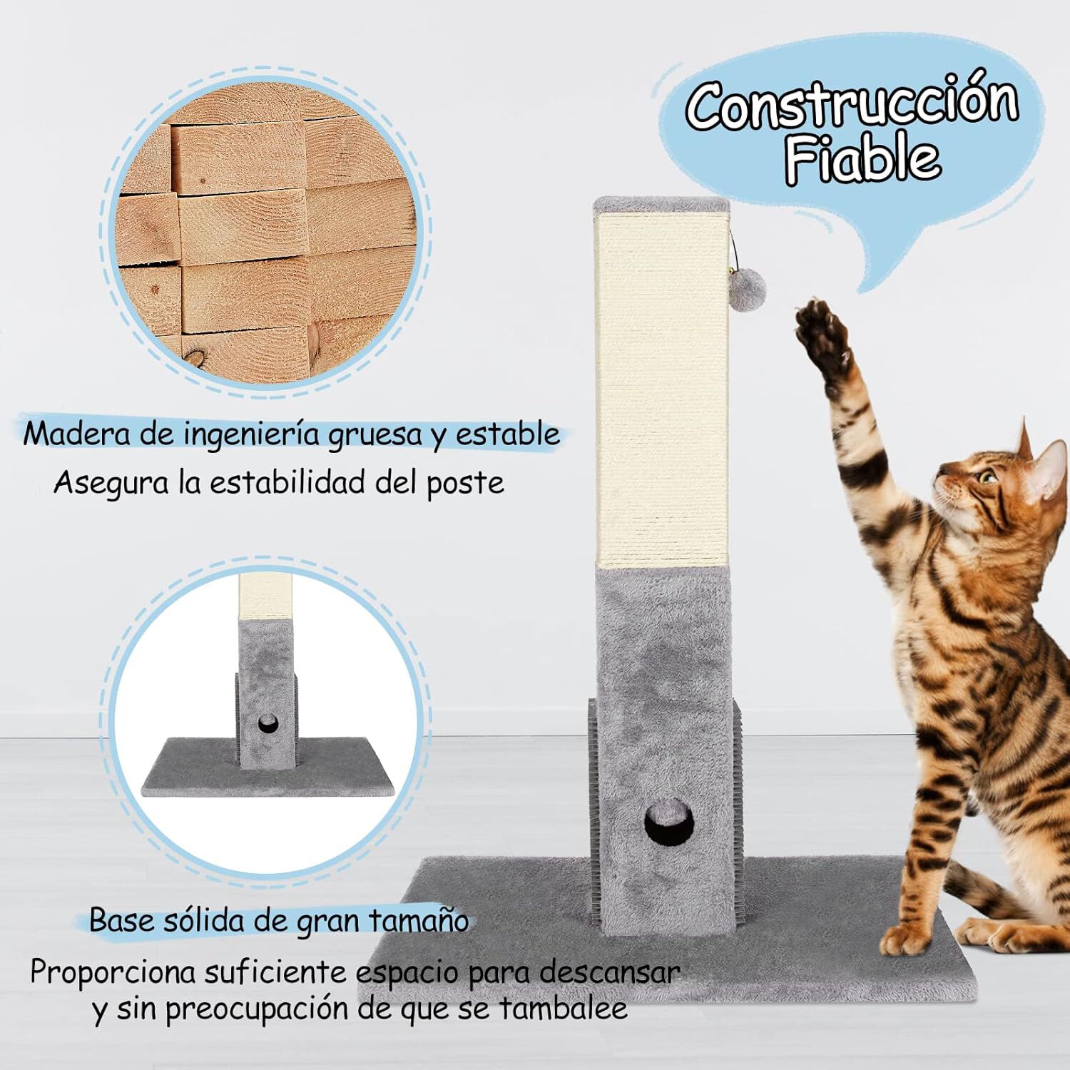COSTWAY Rascador para Gatos con Juguete, Poste Rascador para Gatos con 79 cm de Altura, Ara&ntilde;ador para Gatos con Cuerda de Sisal y Plataforma de Masaje, Rascador de Madera de Ingenier&iacute;a, Gris, , large Imagen numero 5