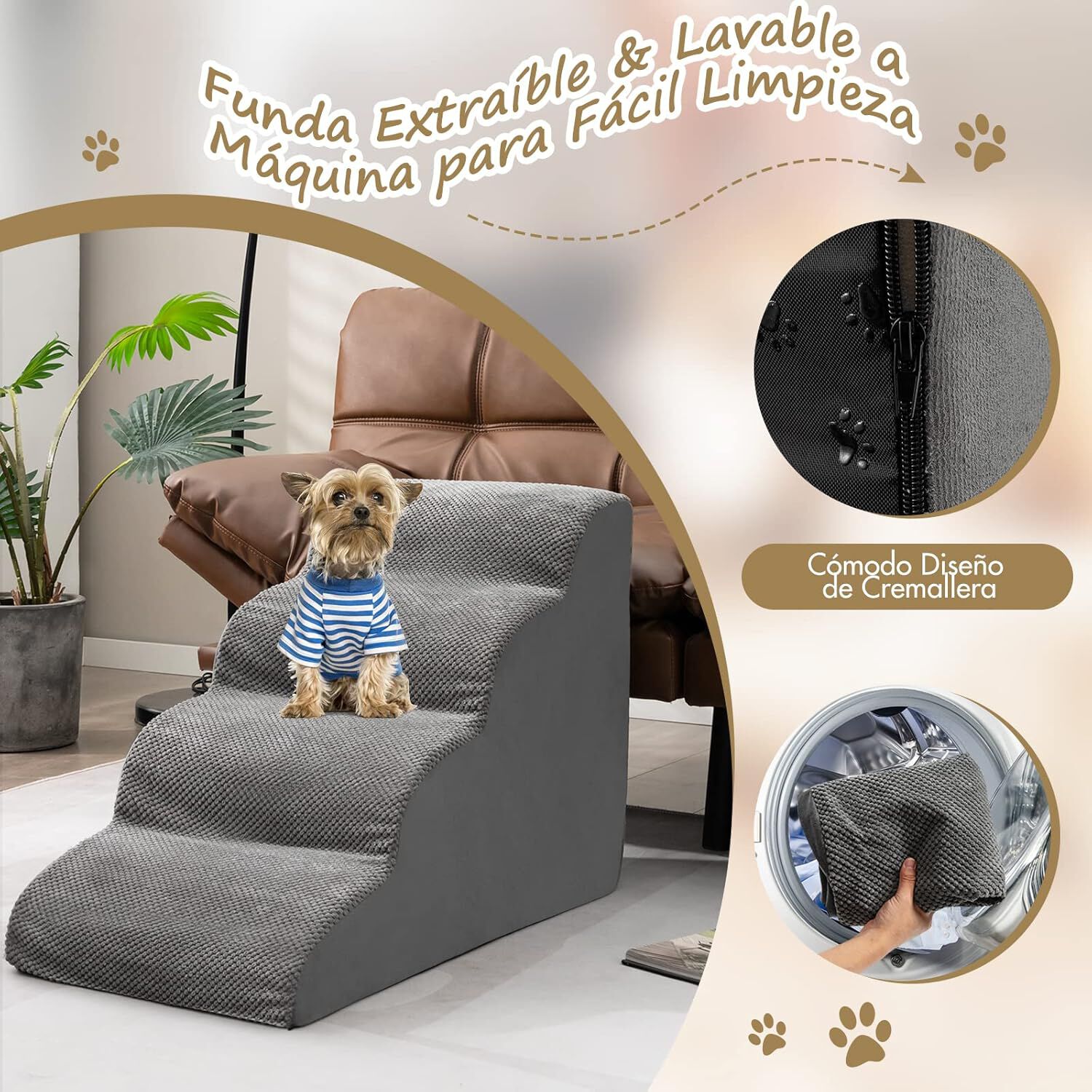 COSTWAY Rampa para Perros de Espuma de 4 Niveles, Escalera para Mascotas con Funda Lavable, Escala para Perros con Huellas de Silicona, Pelda&ntilde;os Antideslizantes para Perros para Sof&aacute;s Altos, , large Imagen numero 3