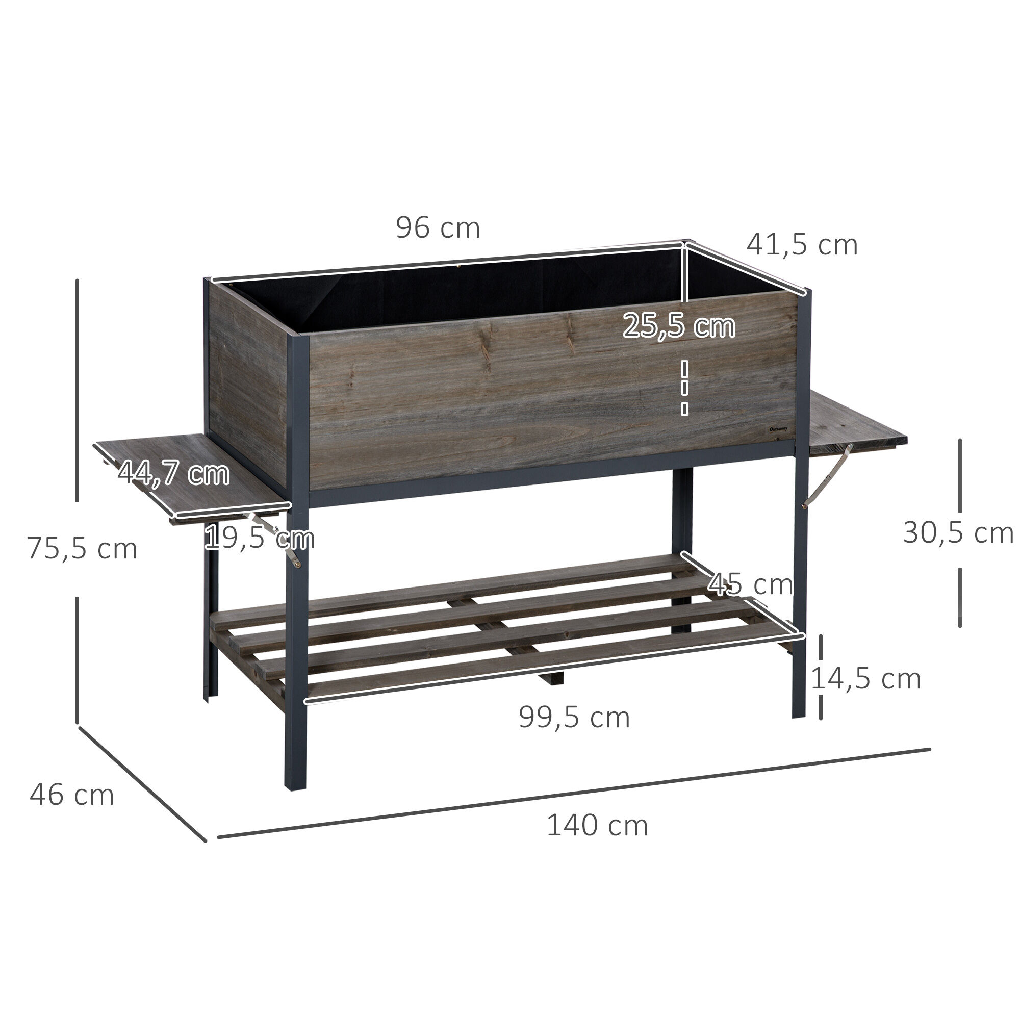 Outsunny Huerto Urbano Elevado de Madera 140x46x75,5 cm Mesa de Cultivo de Jard&iacute;n con 2 Baldas Laterales Estante Inferior y 2 Orificios de Drenaje para Plantas Flores Gris, , large Imagen numero 3