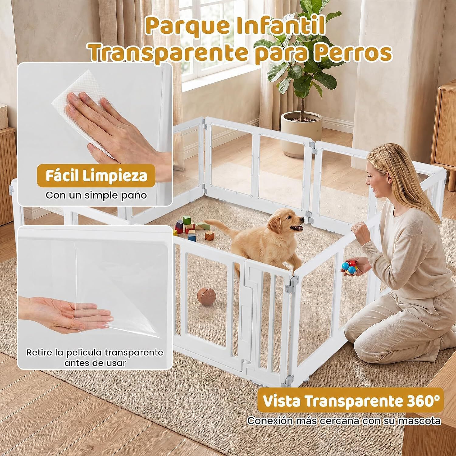 COSTWAY Parque para Cachorros Transparente con Cerradura Doble, Ventosas, F&aacute;cil Montaje, Valla de Seguridad para Perros Convertible para Interior y Exterior, 8 Paneles, , large Imagen numero 5