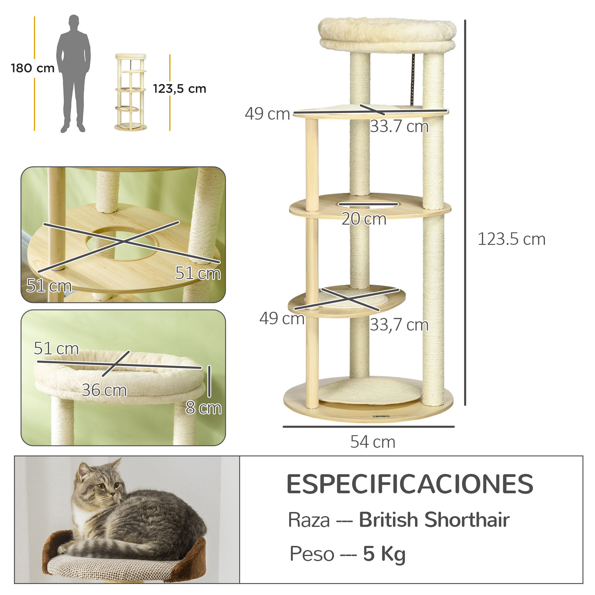 PawHut &Aacute;rbol Rascador para Gatos de Madera 123,5 cm Torre Escalador para Gatos con M&uacute;ltiples Plataformas Cama Desmontable y Cojines &Oslash;54x123,5 cm Roble, , large Imagen numero 3