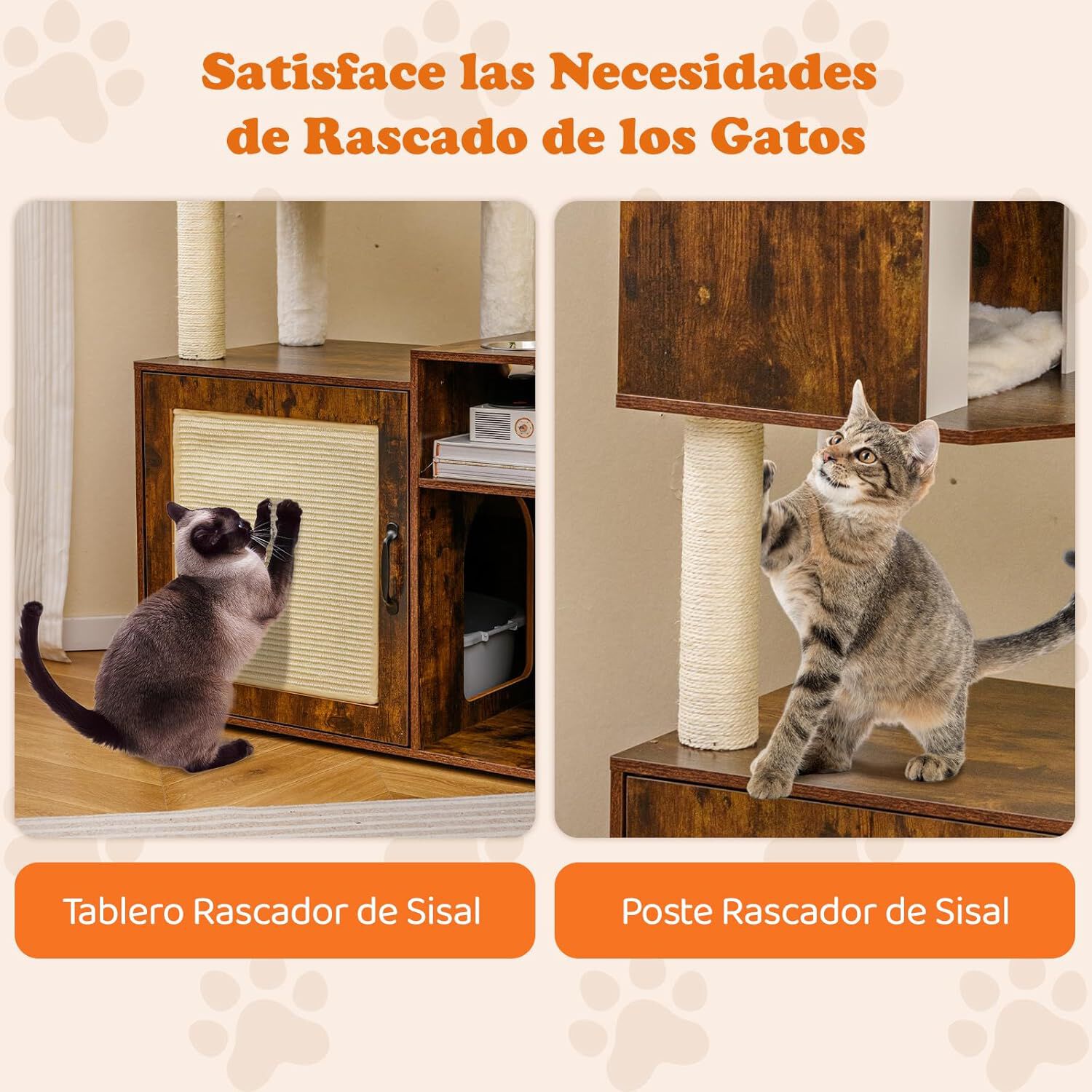 COSTWAY &Aacute;rbol Rascador con Caja de Arena para Gatos, Mueble Arenero Gatos con Poste y Alfombrilla Rascadora de Sisal, Pelota, Ba&ntilde;o Oculto, 2 Comederos, Caja de Arena Oculta Gato (Marr&oacute;n + Blanco), , large Imagen numero 4