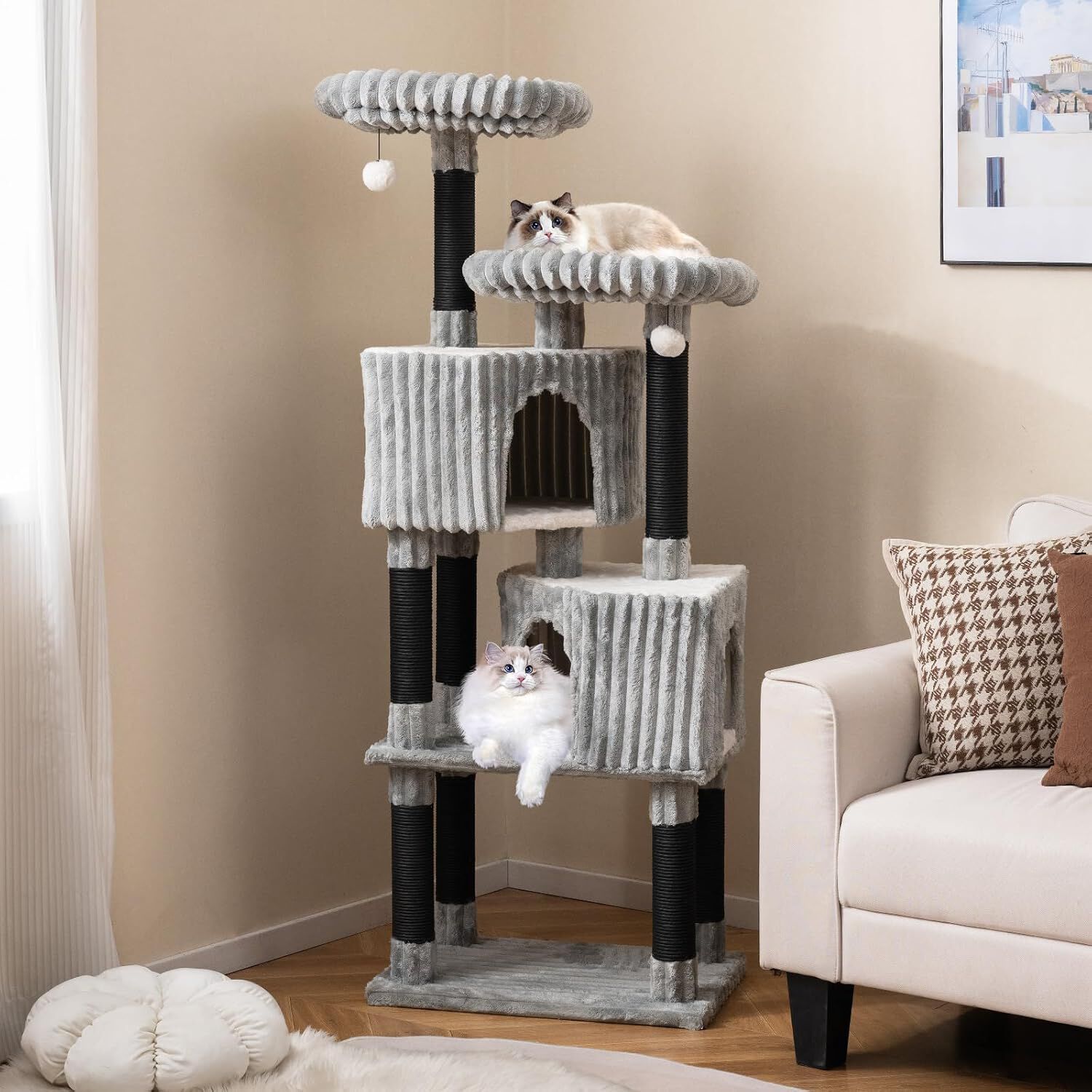 COSTWAY Gran &Aacute;rbol para Gatos de Varios Niveles, Torre Rascador Gatos de 156 cm con 2 Condos, 2 Camas Perchero, Postes para Rascar, Bolas Colgantes con Cascabeles, Revestimiento Suave de Franela, Gris, , large Imagen numero 2