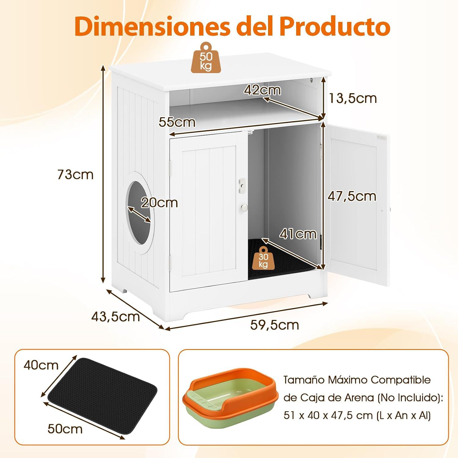 COSTWAY Caja de Arena para Gatos de Madera, Mueble Arenero para Gato con Alfombrilla, Compartimento y Puerta con Cerradura, Casa para Gatos Interior, Mueble Auxiliar Mascotas, 59,5x43,5x73 cm, Blanco, , large Imagen numero 5