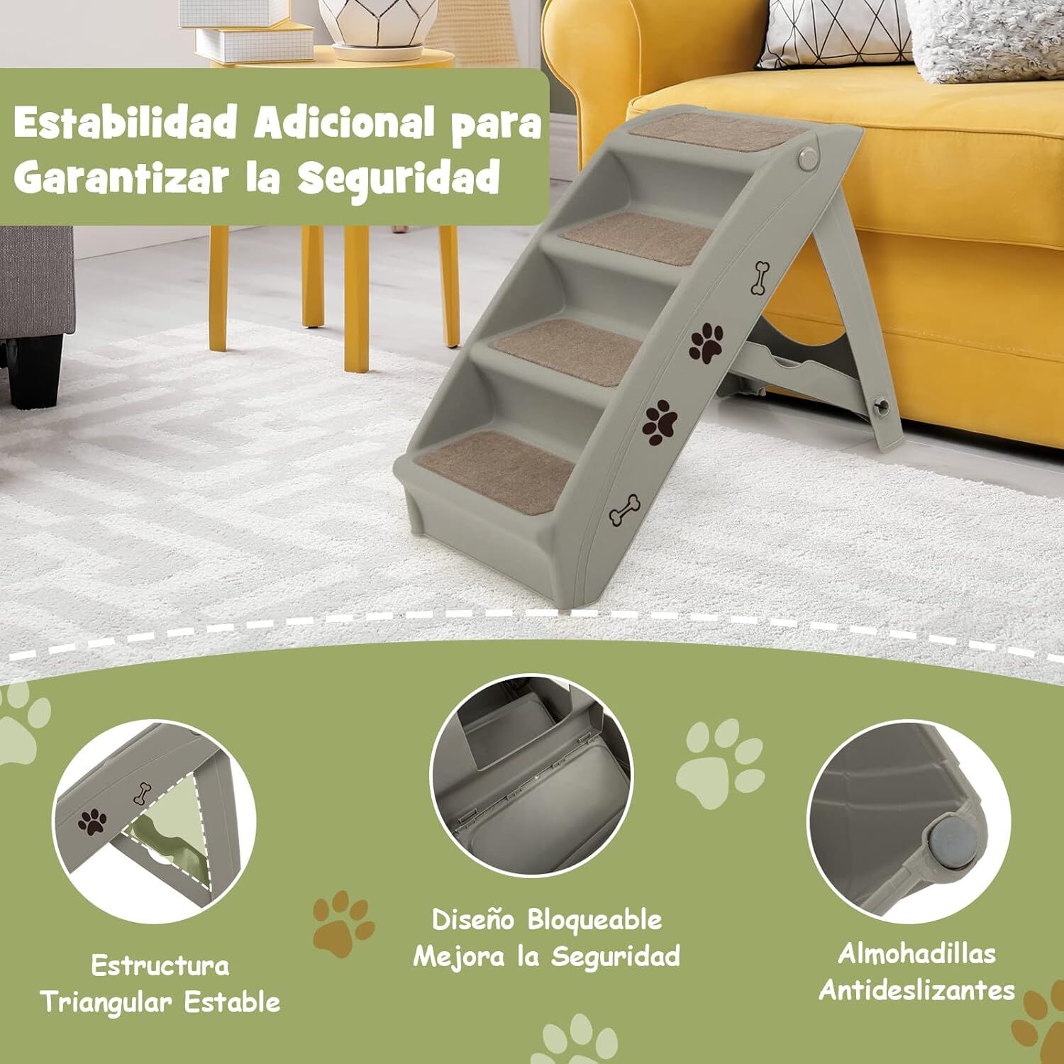 COSTWAY Escalera de Pl&aacute;stico Plegable para Mascotas, Escalera de Pl&aacute;stico con 4 Pelda&ntilde;os para Interior y Exterior, con Fieltro Blando, Ideal para Mascotas de Talla Peque&ntilde;a y Mediana (Gris), , large Imagen numero 2