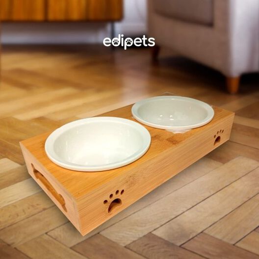 Edipets comedero doble madera y blanco para mascotas, , large image number null