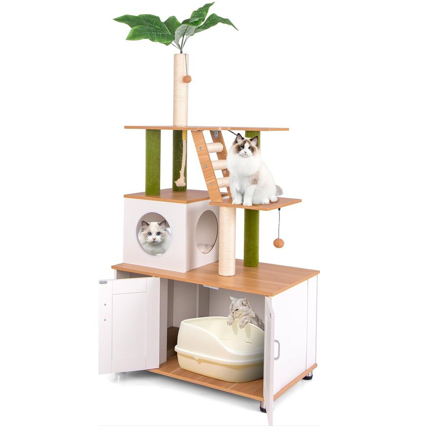 COSTWAY &Aacute;rbol para Gatos con Caja de Arena, 2 en 1 Rascador para Gatos Moderno, &Aacute;rbol de Actividades para Gatos con Escalera, Rascador, Cuerda de Sisal y Bolas Colgantes, Verde y Blanco y Natural, , large Imagen numero 1