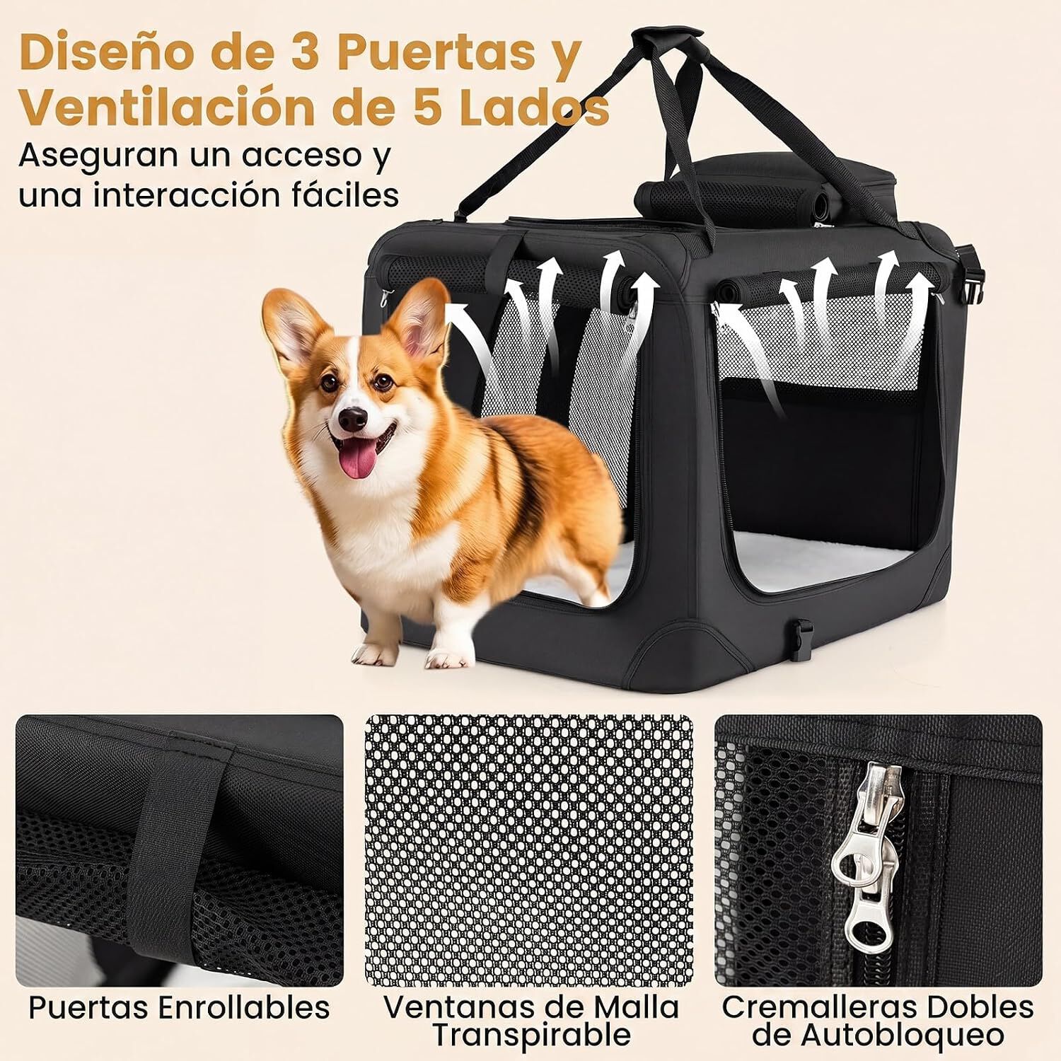 COSTWAY Transport&iacute;n para Perros Plegable, Bolsa Transporte para Gatos con Ventanas de Malla, 3 Puertas y Bolsillos Extra&iacute;bles, Portador de Viaje para Mascotas Interior y Exterior (Negro, M), , large Imagen numero 13
