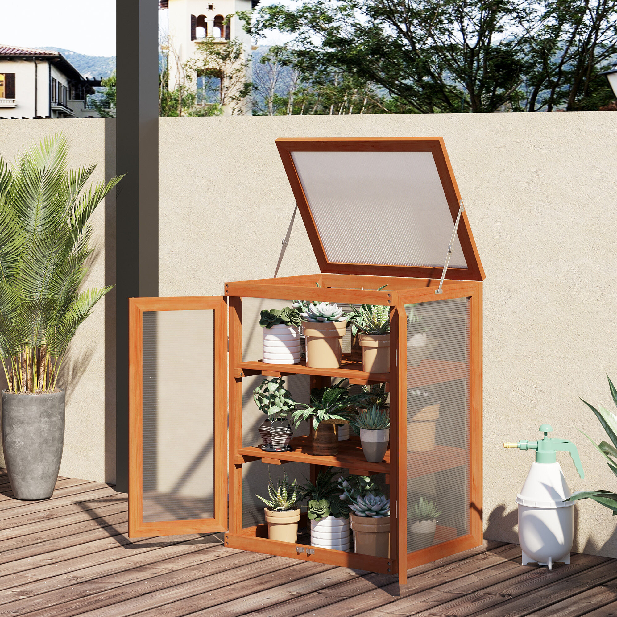 Outsunny Invernadero de Jard&iacute;n de Madera y Policarbonato Invernadero Vivero Casero con 3 Estantes 2 Puertas y Tapa Abatible para Cultivo de Plantas Terraza Patio 58x44x78 cm Natural, , large Imagen numero 2