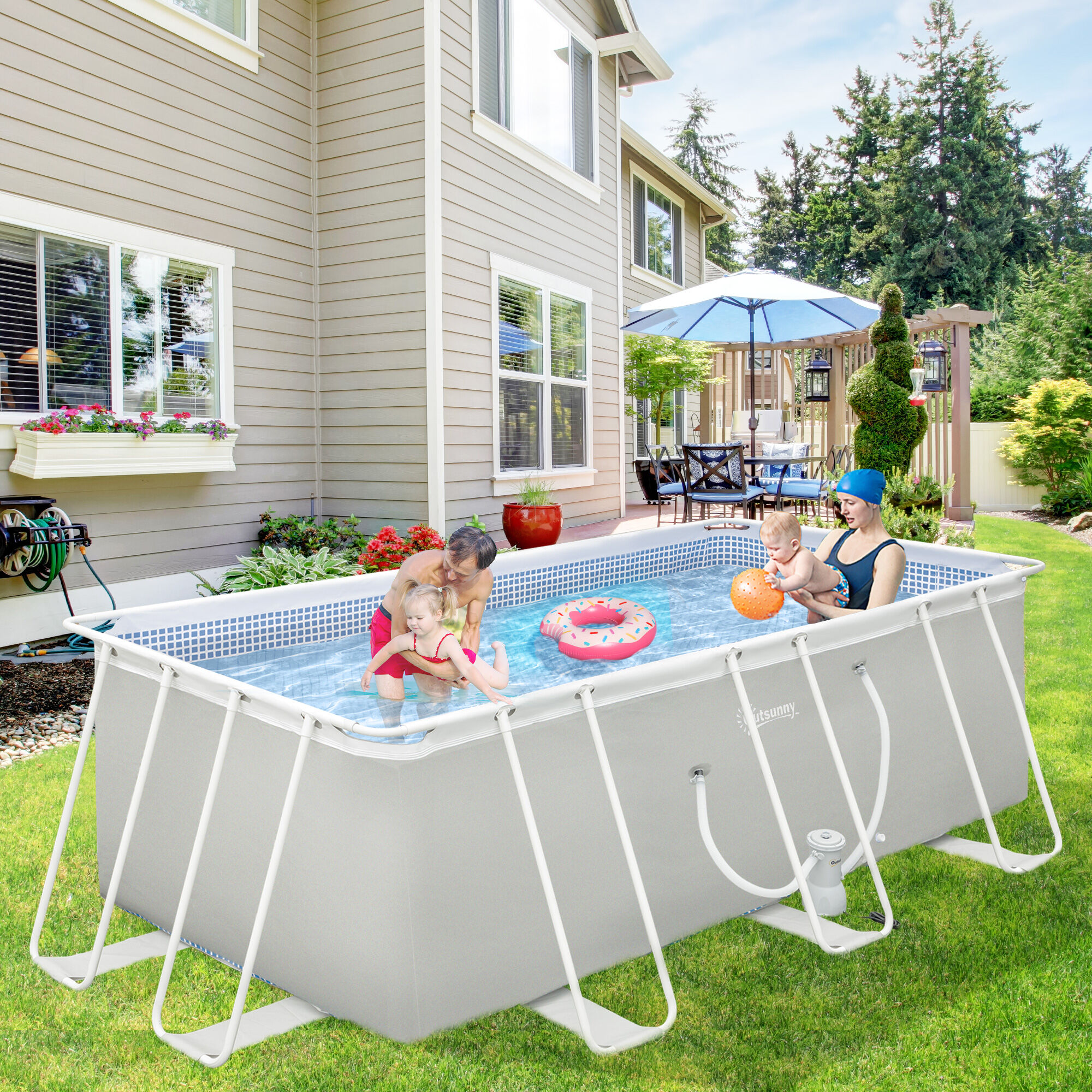 Outsunny Piscina Desmontable 440x240x122 cm Piscina Rectangular de Exterior con Depuradora de Cartucho 4,000 L/H y Marco de Acero 9760 L Gris, , large Imagen numero 2
