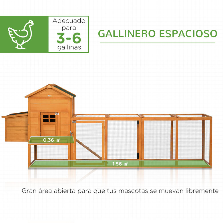 PawHut Gallinero de Madera 297,5x68x118 cm Jaula Grande para 3-6 Gallinas con Techo Asfáltico Corral de Metal Puerta de Pestillo Nido Bandeja Extraíble y Rampa Natural, , large image number null