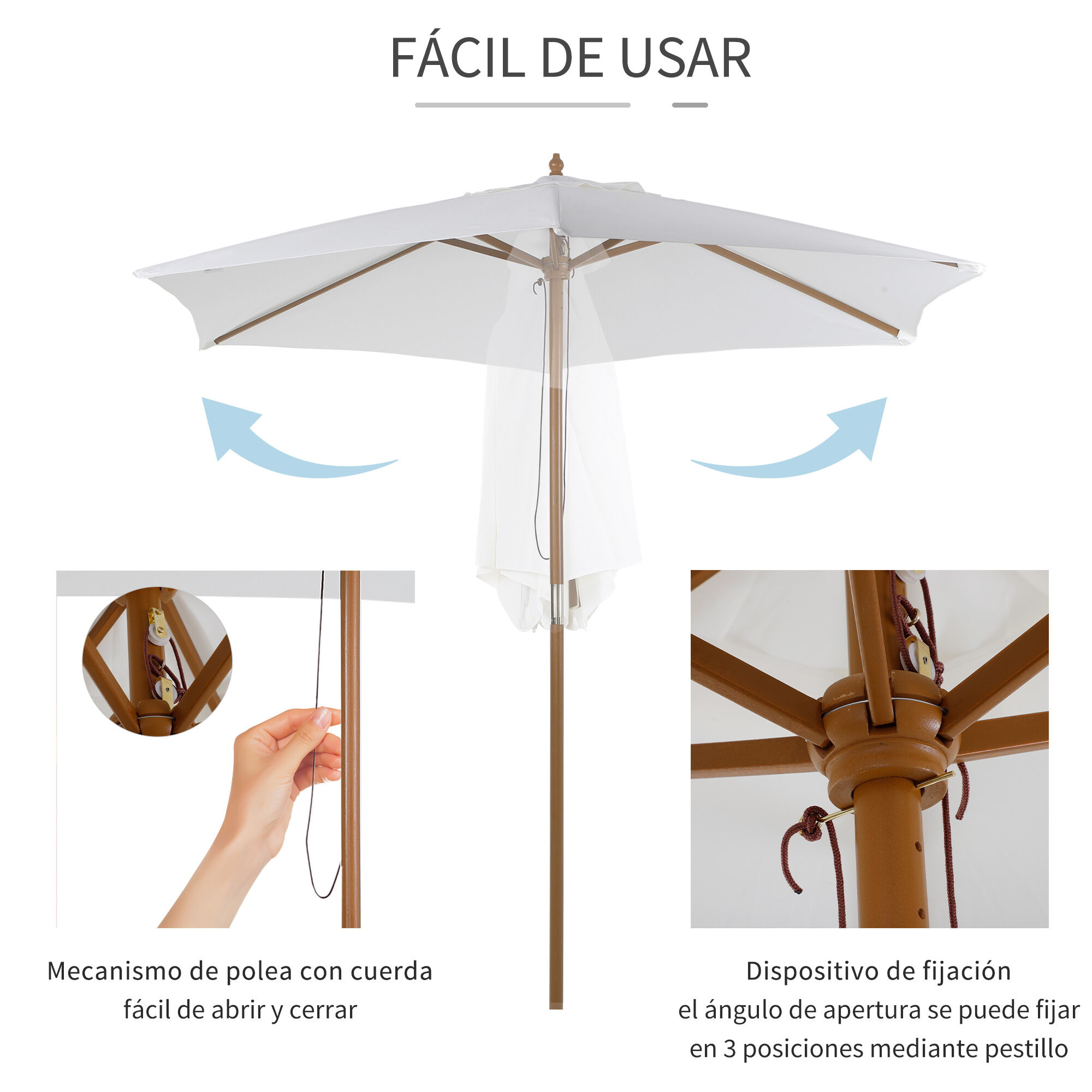 Outsunny Sombrilla Parasol de Madera &Oslash;250x230cm para Exterior con 6 Varillas Sistema de Cuerda con Fijaci&oacute;n Desmontable Port&aacute;til F&aacute;cil de Guardar y Transportar Blanco, , large Imagen numero 4