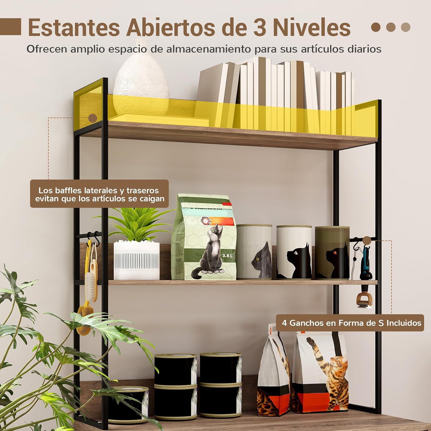 COSTWAY Mueble Arenero para Gatos, Caja de Arena Grande para Tirar Muebles Oculto para Ba&ntilde;o con Estantes de 3 Niveles, 4 Ganchos, Armario con 2 Puertas, Entrada Lateral, 80x48x145 cm (Gris + Negro), , large Imagen numero 3